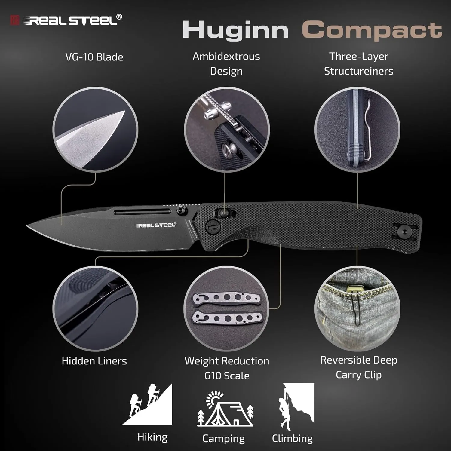 REALSTEEL Huginn Compact Folding Pocket Knife,Crossbar Lock,3.15'' VG-10 Steel Blade,Thumb Stud,G10 Handle,Lightweight Clip,EDC Gift for Men Women Camping, Hiking, Outdoor Use(Full Black G10)