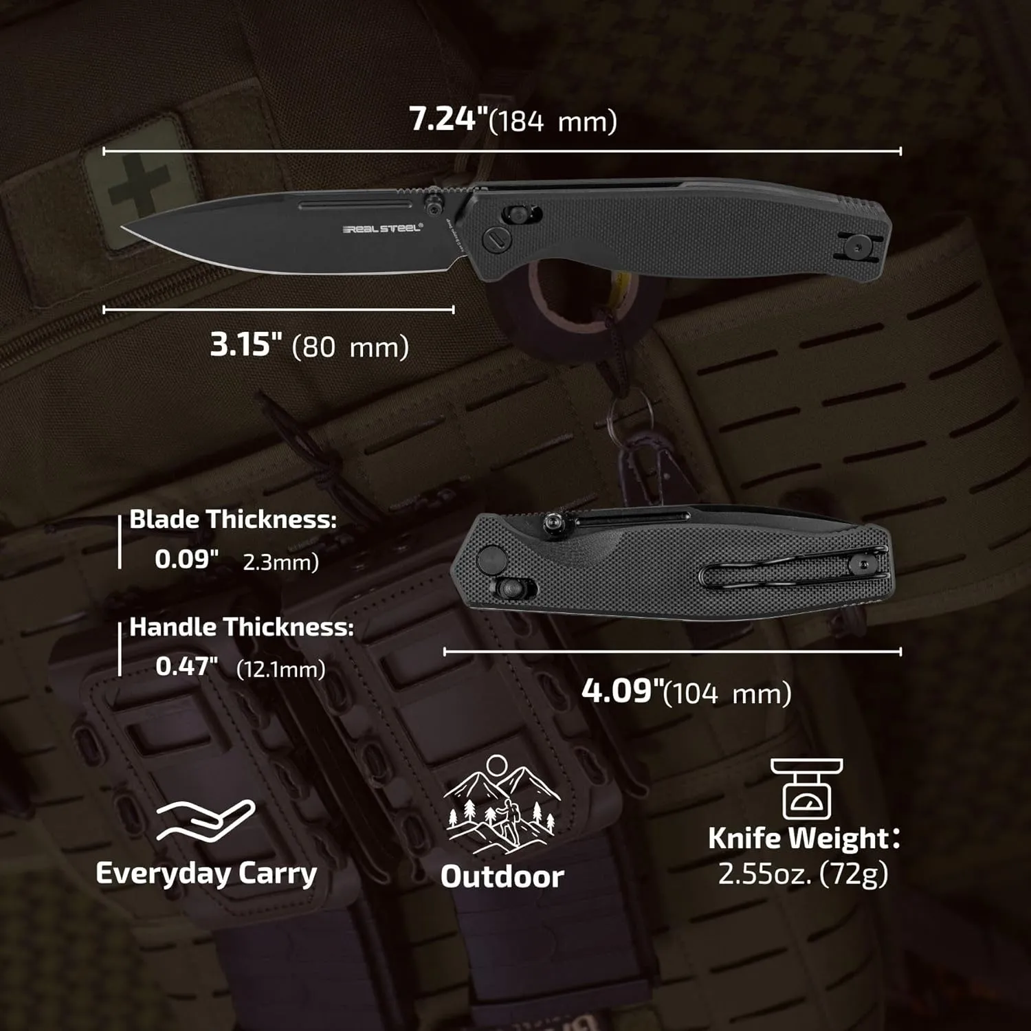 REALSTEEL Huginn Compact Folding Pocket Knife,Crossbar Lock,3.15'' VG-10 Steel Blade,Thumb Stud,G10 Handle,Lightweight Clip,EDC Gift for Men Women Camping, Hiking, Outdoor Use(Full Black G10)