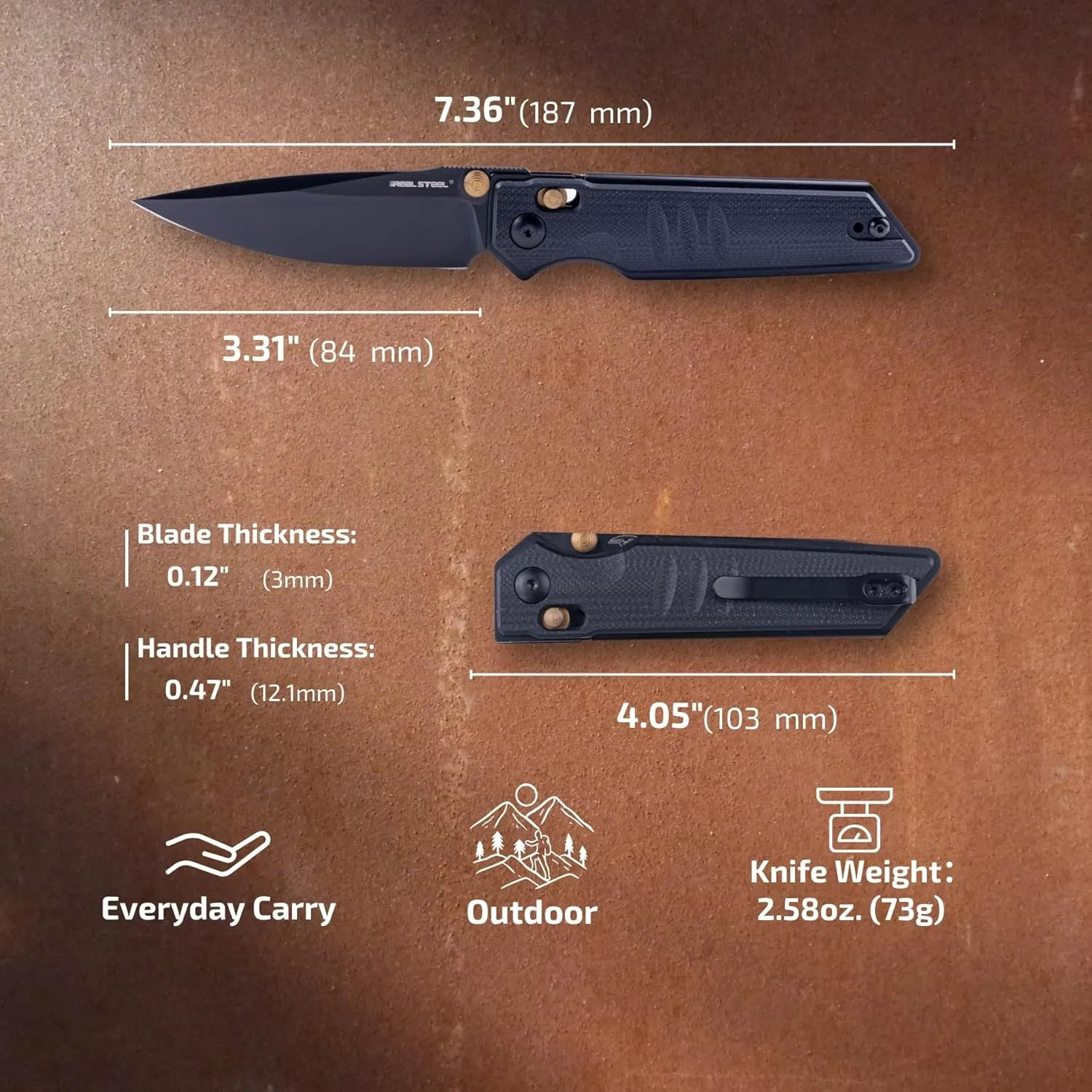 REALSTEEL SACRA Pocket Knife, Folding Knife, Crossbar Lock, 3.31" Böhler K110 Steel Blade, Thumb Stud, G10/Micarta Handle, 2.58oz, Deep-carry Pocket Clip, EDC Outdoor Indoor, Gifts for Men Women Camping Hiking Climbing Fishing (Full Black G10)