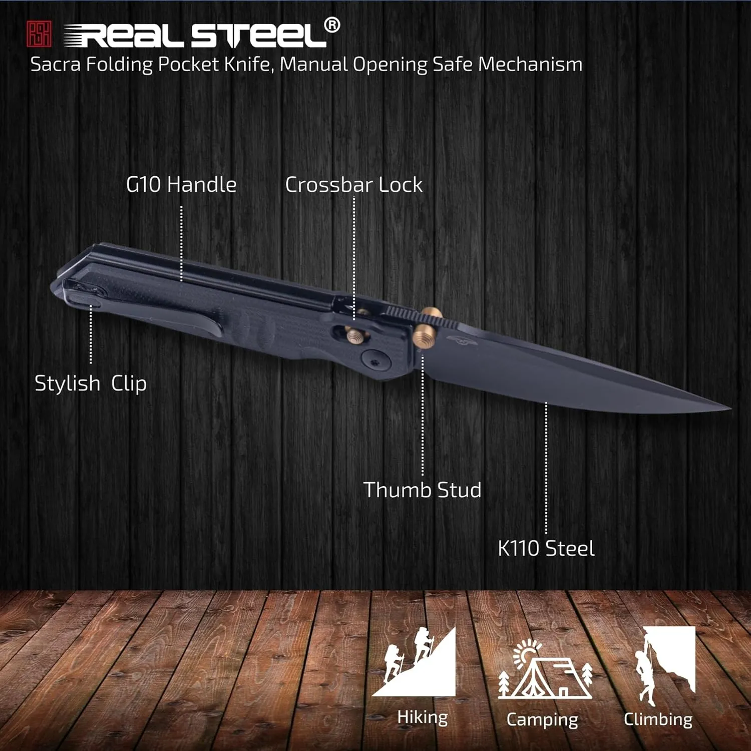 REALSTEEL SACRA Pocket Knife, Folding Knife, Crossbar Lock, 3.31" Böhler K110 Steel Blade, Thumb Stud, G10/Micarta Handle, 2.58oz, Deep-carry Pocket Clip, EDC Outdoor Indoor, Gifts for Men Women Camping Hiking Climbing Fishing (Full Black G10)