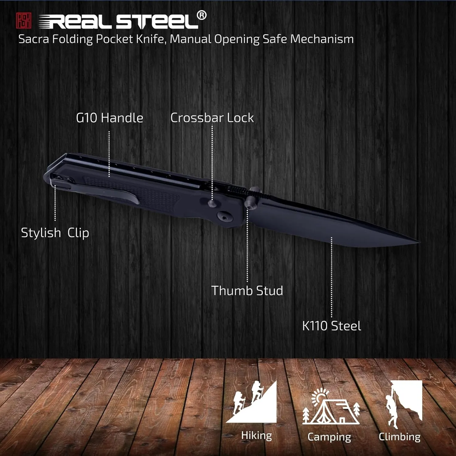 REALSTEEL SACRA Pocket Knife, Folding Knife, Crossbar Lock, 3.31" Böhler K110 Steel Blade, Thumb Stud, G10/Micarta Handle, 2.58oz, Deep-carry Pocket Clip, EDC Outdoor Indoor, Gifts for Men Women Camping Hiking Climbing Fishing (Full Black Tac G10)