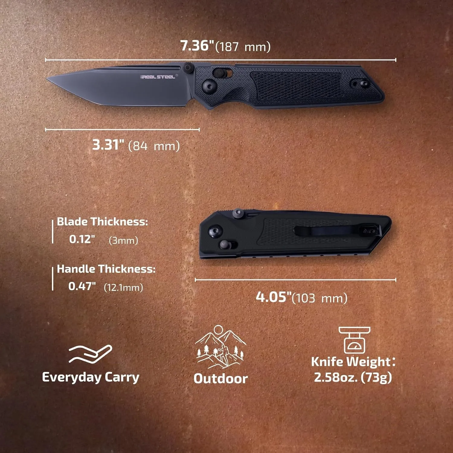 REALSTEEL SACRA Pocket Knife, Folding Knife, Crossbar Lock, 3.31" Böhler K110 Steel Blade, Thumb Stud, G10/Micarta Handle, 2.58oz, Deep-carry Pocket Clip, EDC Outdoor Indoor, Gifts for Men Women Camping Hiking Climbing Fishing (Full Black Tac G10)