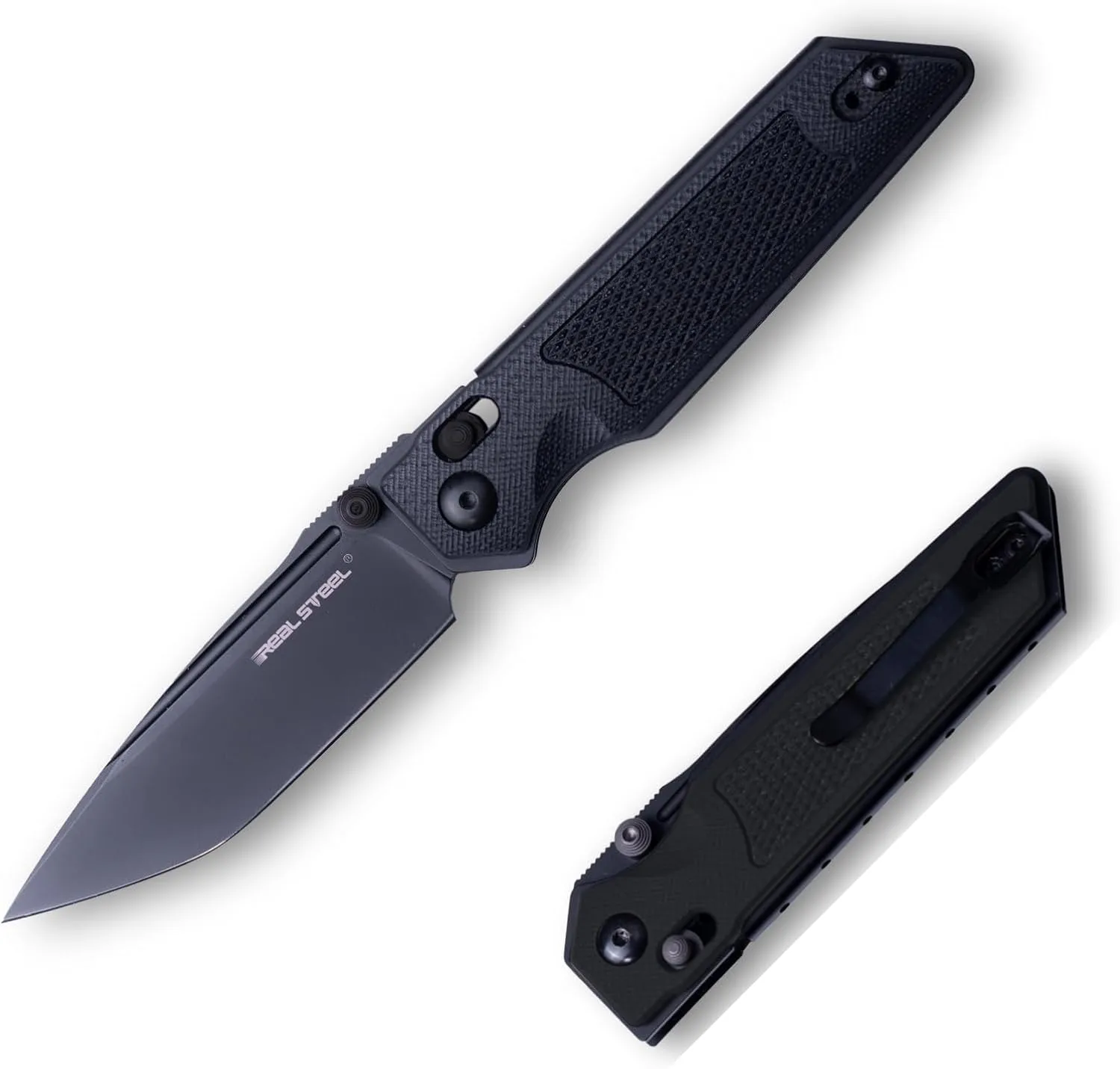 REALSTEEL SACRA Pocket Knife, Folding Knife, Crossbar Lock, 3.31" Böhler K110 Steel Blade, Thumb Stud, G10/Micarta Handle, 2.58oz, Deep-carry Pocket Clip, EDC Outdoor Indoor, Gifts for Men Women Camping Hiking Climbing Fishing (Full Black Tac G10)