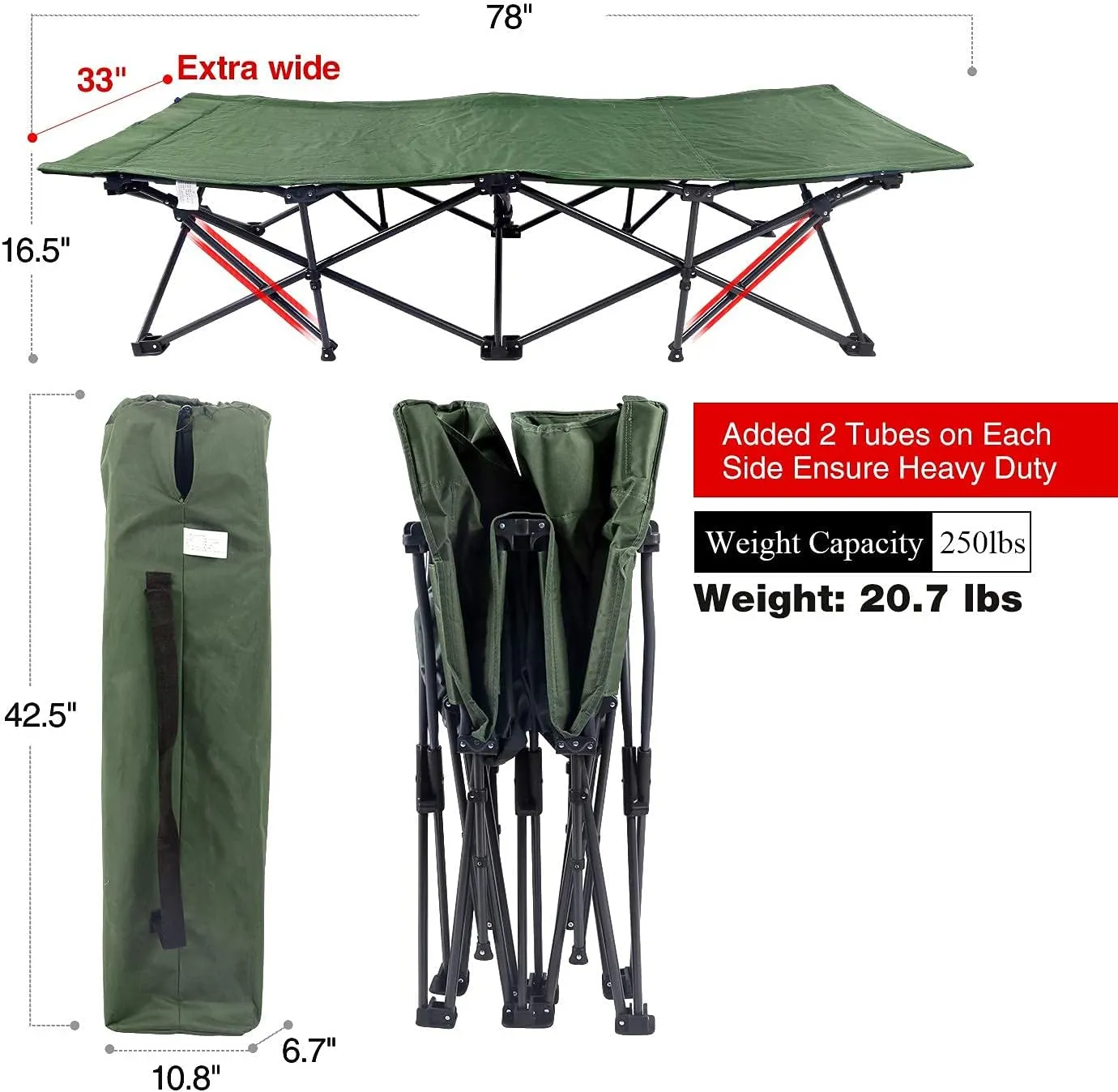 REDCAMP Folding Camping Cots for Adults Heavy Duty, 33" Extra Wide Sturdy Portable Sleeping Cot,Green 2-Pack
