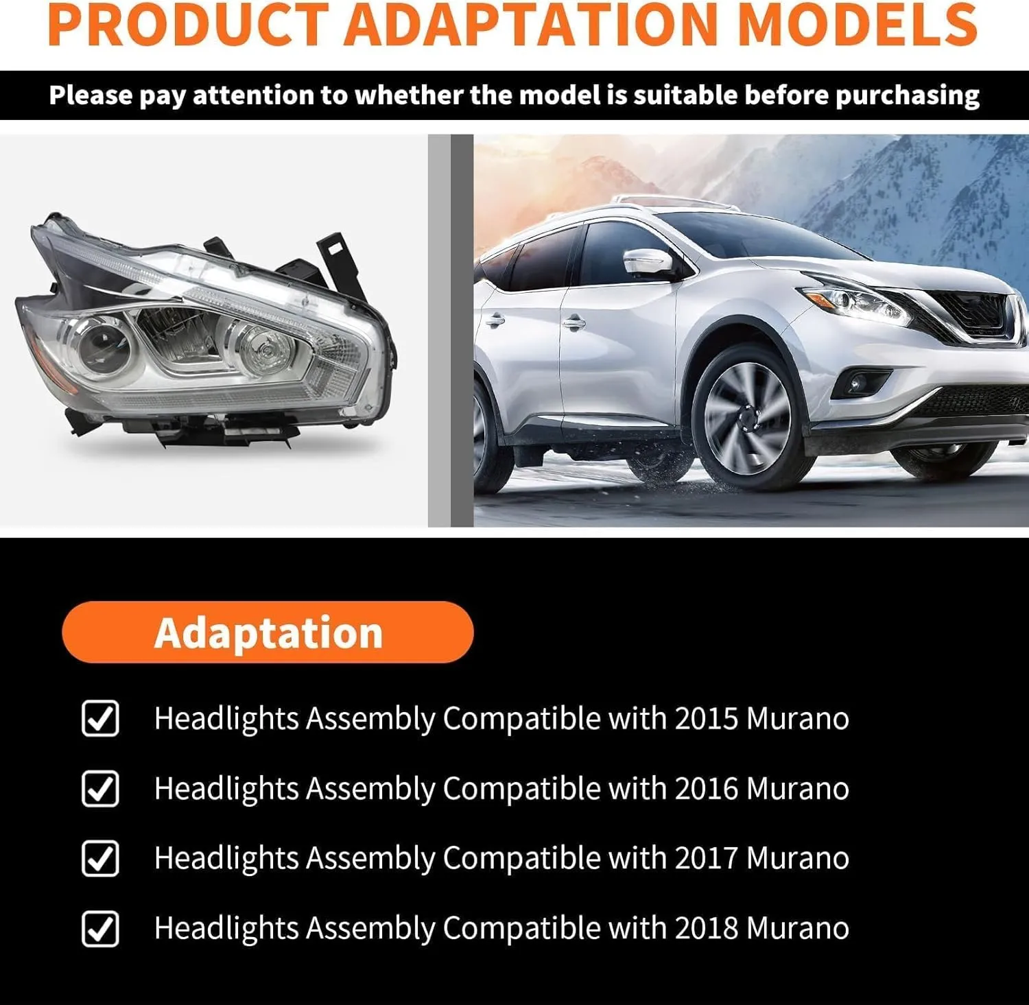 Right Passenger Side Headlight Assembly Compatible with 2015-2018 Murano NI2503233 26010-9UE5C