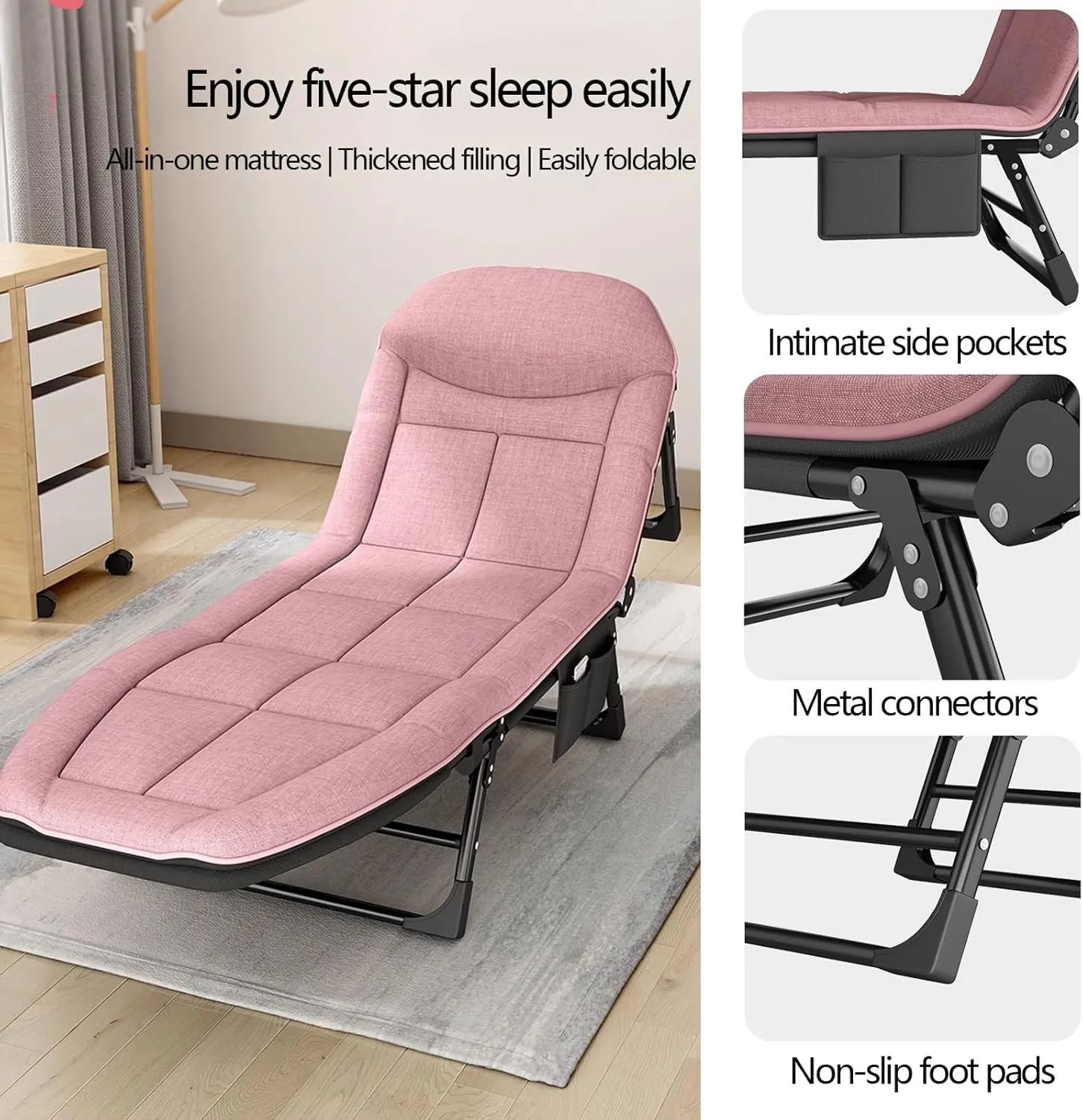 Roll Away Beds with Mattresses for Adults max Loading 353lbs, Portable Folding Bed 5-Level Adjustable Backrest with Padded for Camping Tent Office Outdoor Travel(65x200CM)