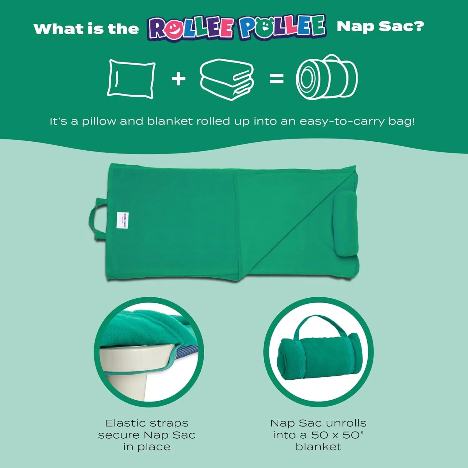ROLLEE POLLEE Soft Rollup Nap Mat with Pillow, Comfy Kids Sleeping Bag, Elastic Strap for Cot, Fleece Throw Set