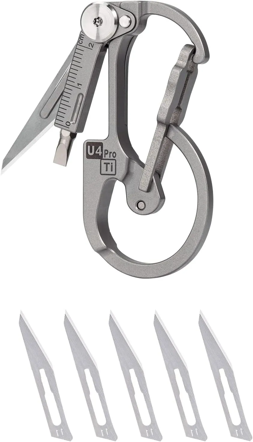 RovyVon U4 Pro  Plus Titanium Carabiner Keychain Knife, EDC Multitool Pocket Clip with Replaceable Sharp Blade, Dual-bit Screwdriver and Ruler, Emergencies/Office