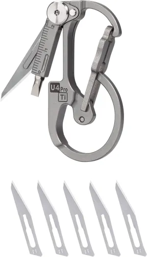 RovyVon U4 Pro  Plus Titanium Carabiner Keychain Knife, EDC Multitool Pocket Clip with Replaceable Sharp Blade, Dual-bit Screwdriver and Ruler, Emergencies/Office