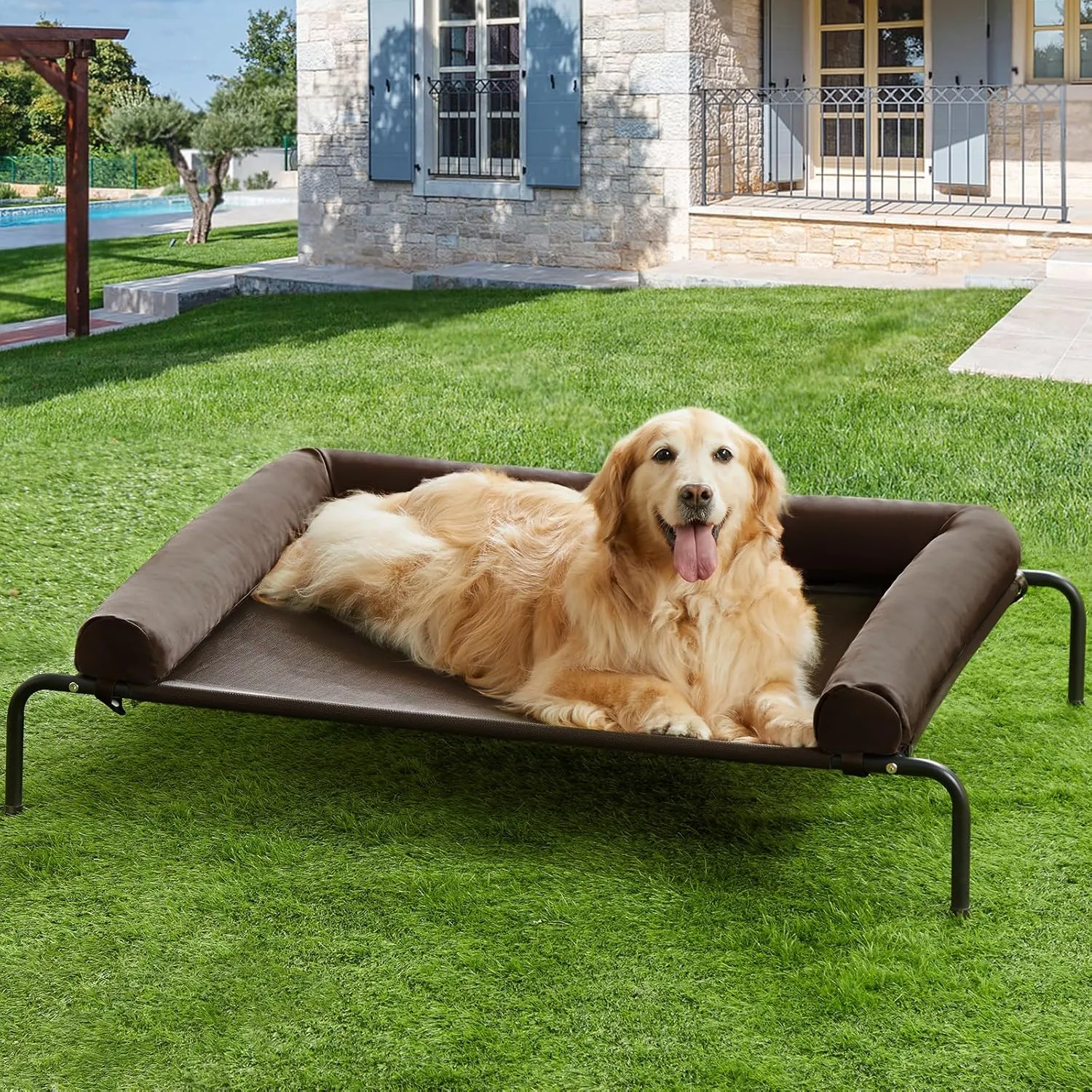 RRPETHOME Large Elevated Cooling Dog Bed, Raised Dog Cot Beds for Large Dogs, Elevated Outdoor Pet Cot, Chew Proof Portable Cooling Pet Cot with Skid-Resistant Feet and Breathable Mesh