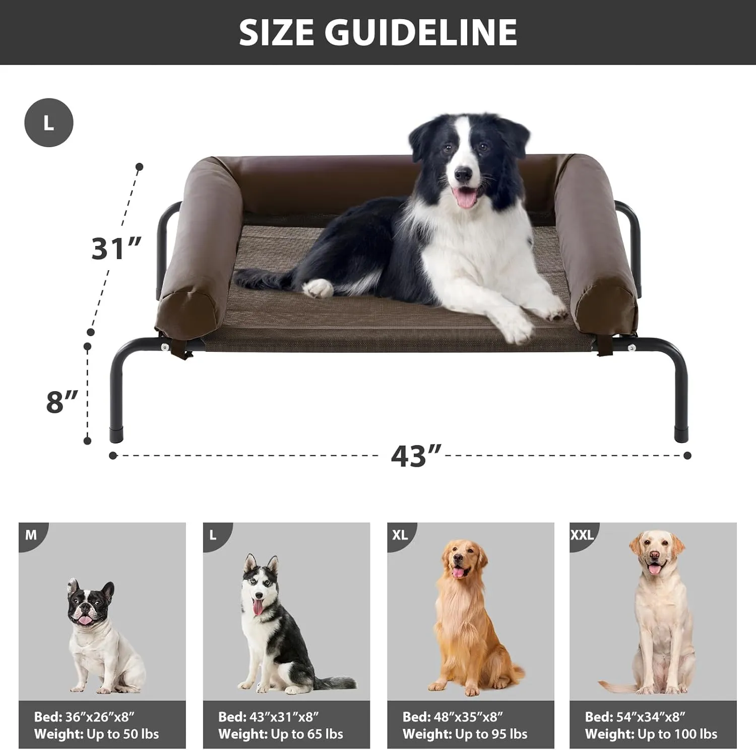 RRPETHOME Large Elevated Cooling Dog Bed, Raised Dog Cot Beds for Large Dogs, Elevated Outdoor Pet Cot, Chew Proof Portable Cooling Pet Cot with Skid-Resistant Feet and Breathable Mesh