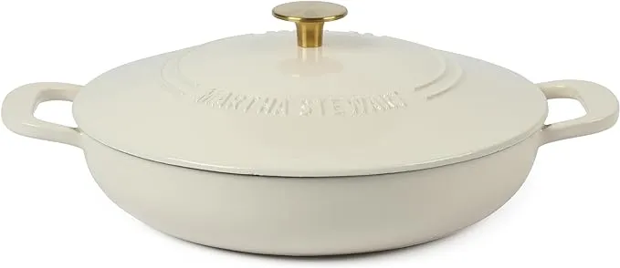 Salt, Simmer, and Subtext | Martha Stewart 3.5-Quart Enameled Cast Iron Dutch Oven Braiser - Linen w/Gold Knob