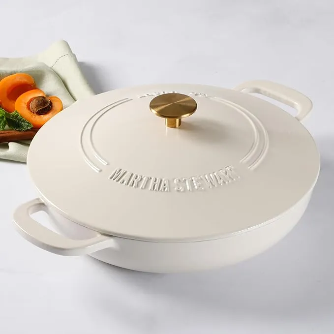 Salt, Simmer, and Subtext | Martha Stewart 3.5-Quart Enameled Cast Iron Dutch Oven Braiser - Linen w/Gold Knob
