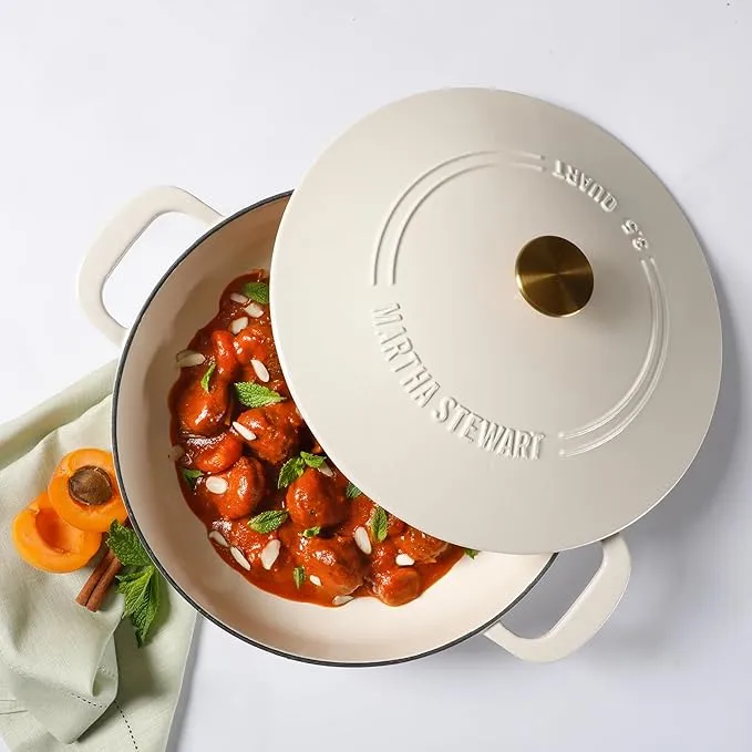 Salt, Simmer, and Subtext | Martha Stewart 3.5-Quart Enameled Cast Iron Dutch Oven Braiser - Linen w/Gold Knob
