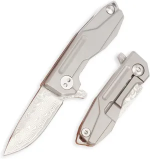 Samior HY002 Ultra Small Little Folding Pocket Flipper Knife, 1.3” VG10 Damascus Blade, Gray Titanium Handle Frame Lock, Mini EDC Keychain Necklace Knives, 0.9oz