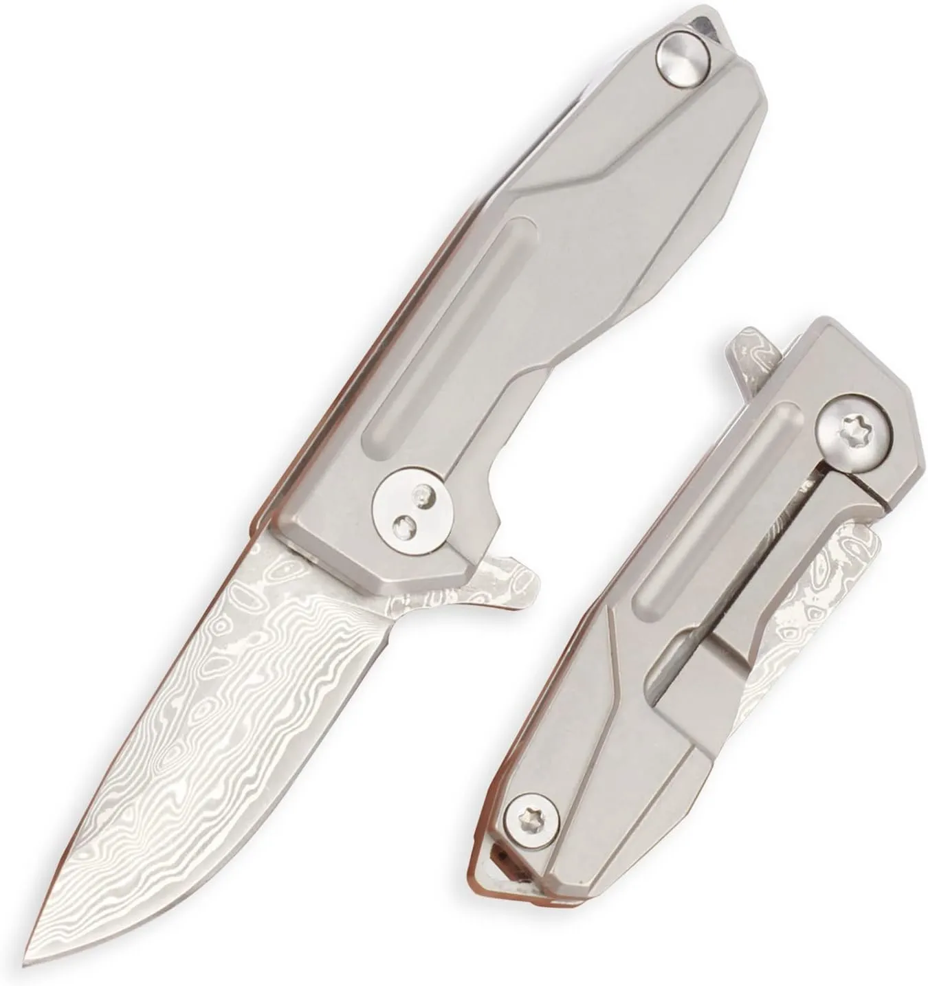 Samior HY002 Ultra Small Little Folding Pocket Flipper Knife, 1.3” VG10 Damascus Blade, Gray Titanium Handle Frame Lock, Mini EDC Keychain Necklace Knives, 0.9oz
