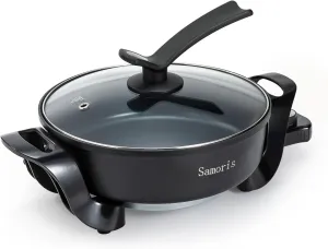 Samoris Electric Skillet with lid 3 Quart 10 Inch Round Cooker with Nonstick Coating,Electric Hot Pots and Frying Pan,Adjustable Temperature, Tempered Glass Lid with Vent, 1200W,Black