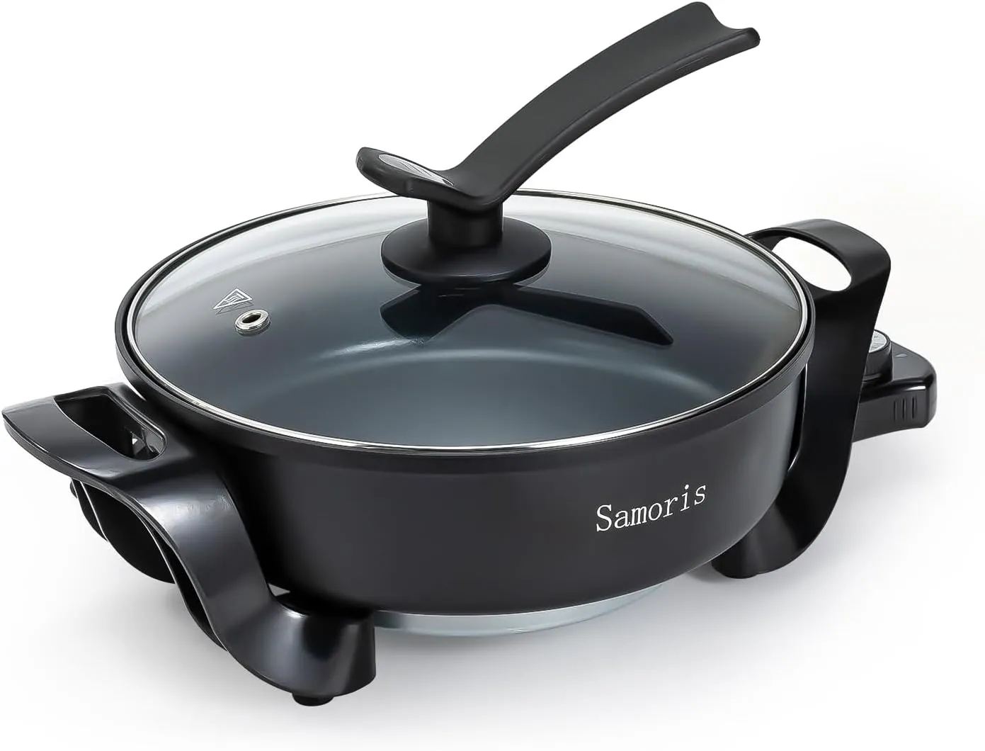 Samoris Electric Skillet with lid 3 Quart 10 Inch Round Cooker with Nonstick Coating,Electric Hot Pots and Frying Pan,Adjustable Temperature, Tempered Glass Lid with Vent, 1200W,Black