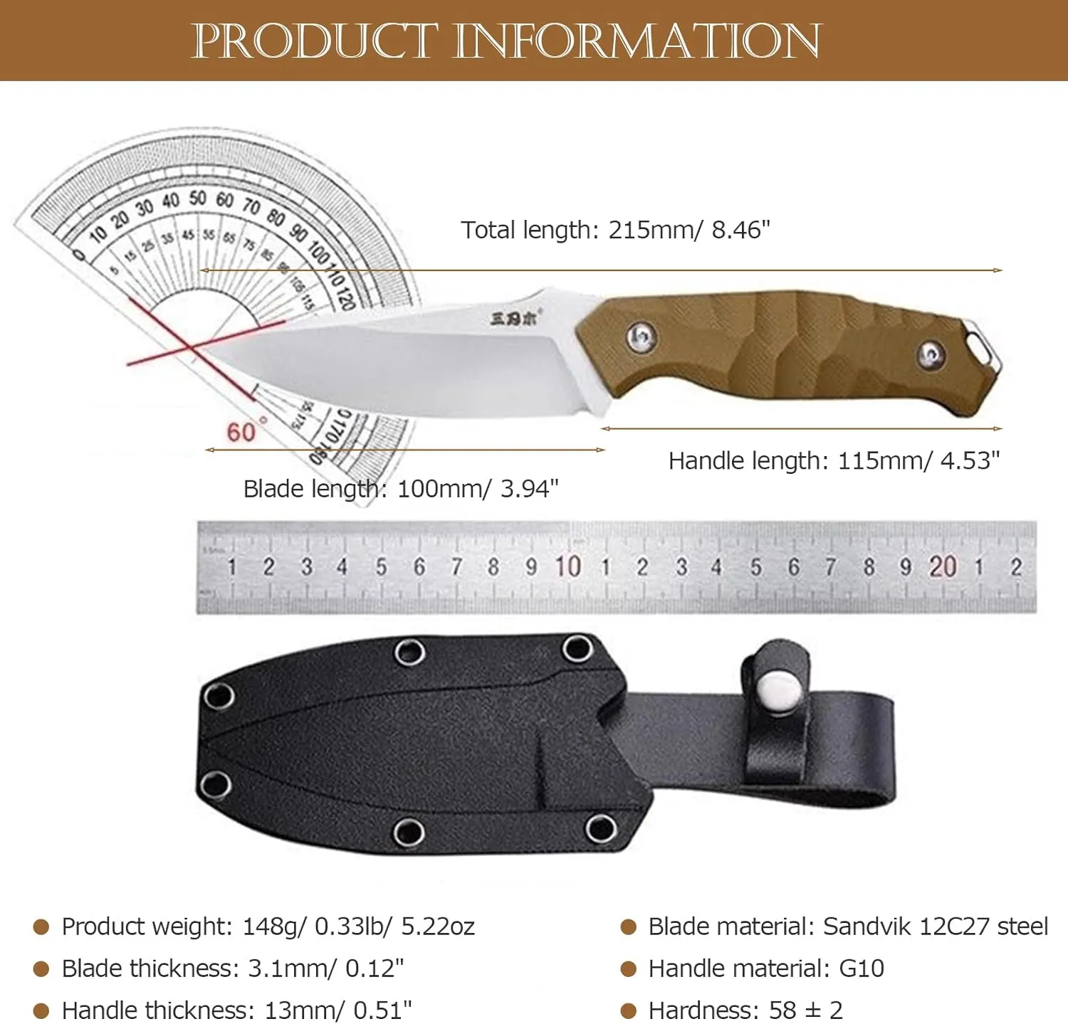 Sanrenmu Fixed Blade Knife with Sheath Outdoor Knife G10 Handle 12C27 Steel Material Blade 3.94 Inch S718 (Brown)