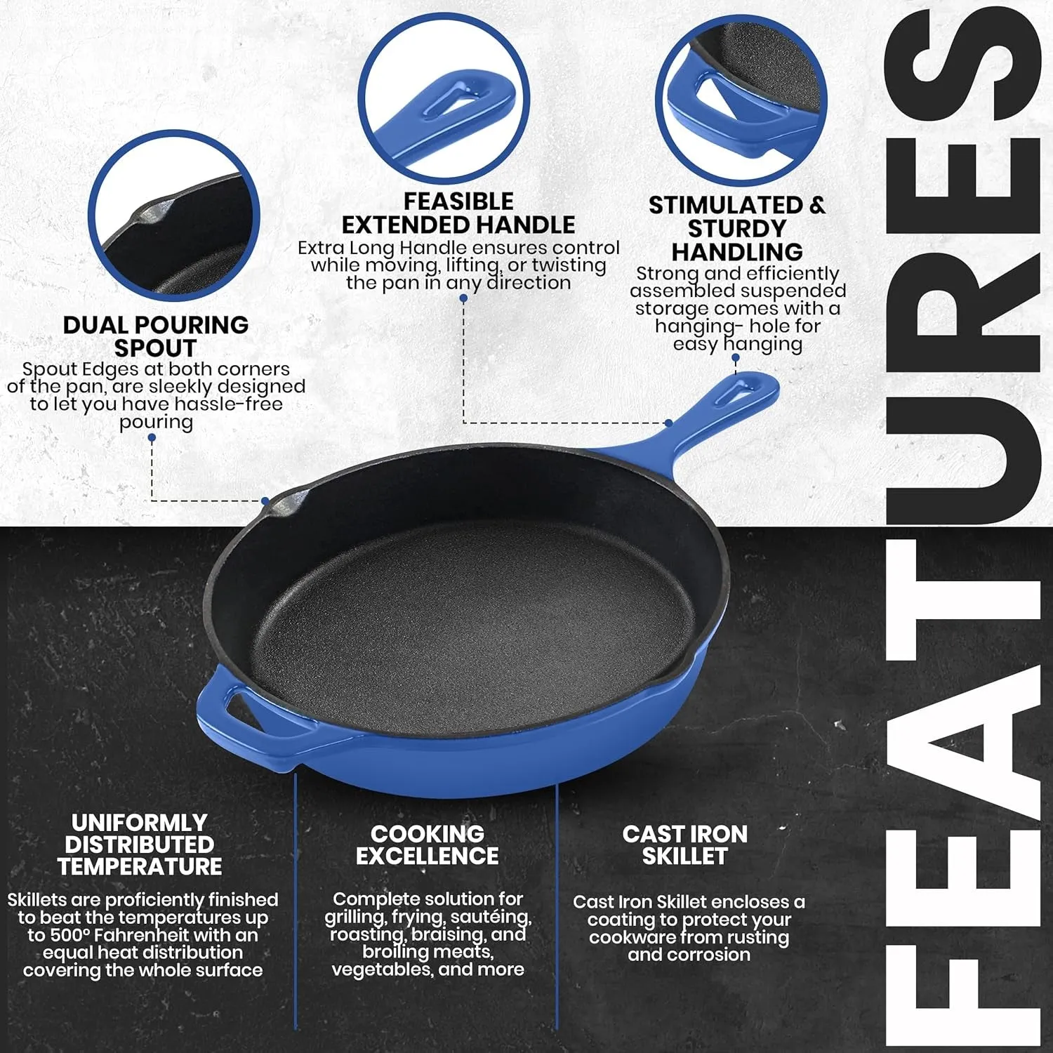Saute Fry Pan - Chefs Pan, Pre-Seasoned Cast Iron Skillet - Frying Pan 12 Inch - Safe Grill Cookware for Indoor & Outdoor Use - Cast Iron Pan (Blue)
