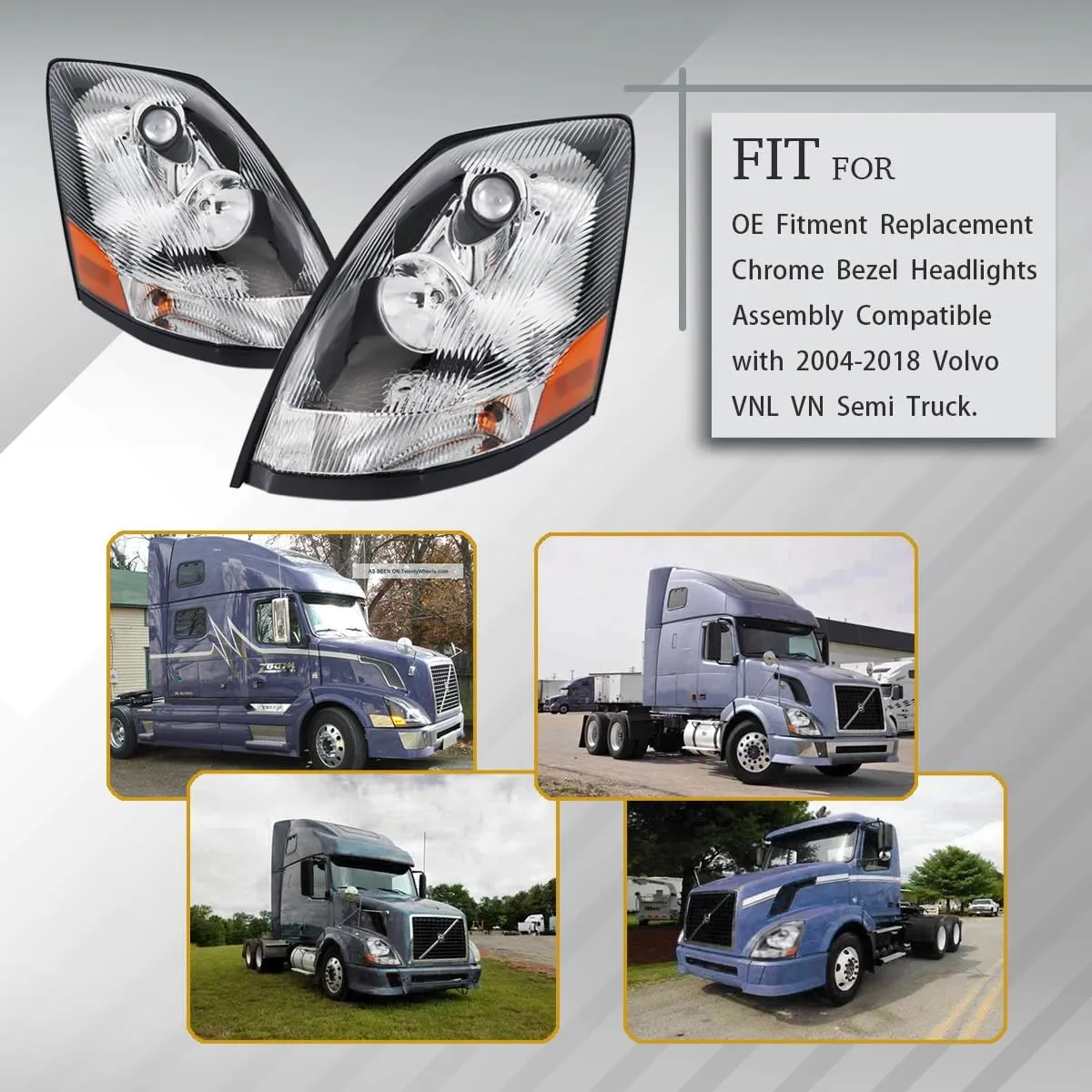 Semi Trucks Headlight Pair Compatible with 2004-2017 VOLVO VNL (Including All Bulbs),VNL Headlamp White Assembly