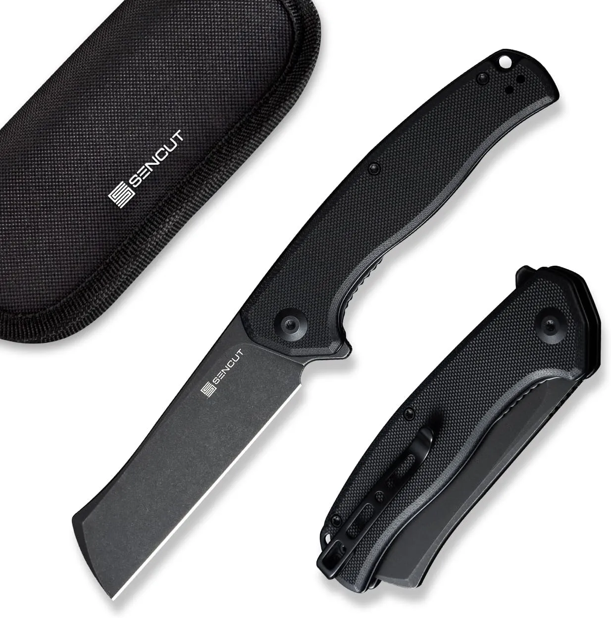 SENCUT Traxler Pocket Knife for Men, Folding knife for EDC, Liner Lock Knives with 3.49" Sheepfoot Blade and G10 Handle, Flipper knives with Deep Pocket Clip S20057C-1 (Black)