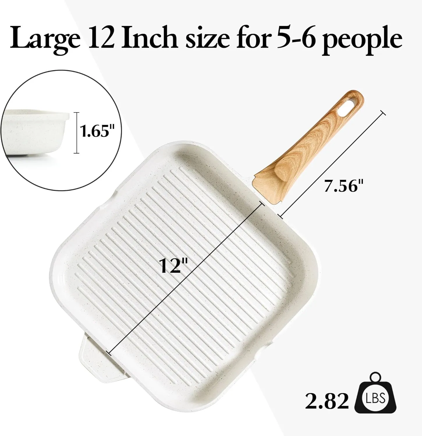 SENSARTE Nonstick Ceramic Grill Pan for Stove Tops, Square Grilling Pan with Pour Spouts, Non Toxic Durable Grill Skillet for All Stoves(Gas,Electric,Induction) PTFE,PFAS,PFOA Free, 12Inch (White)