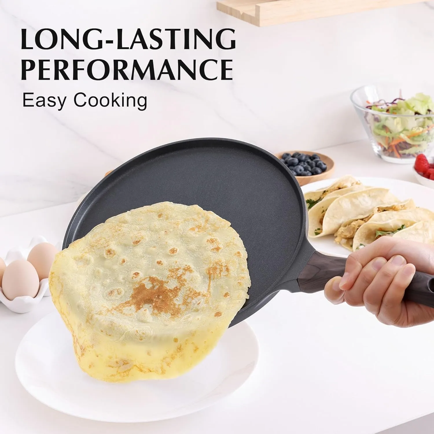 SENSARTE Nonstick Crepe Pan, Swiss Granite Coating Dosa Pan Pancake Flat Skillet Tawa Griddle 10-Inch with Stay-Cool Handle, Induction Compatible, PFOA Free (Black)
