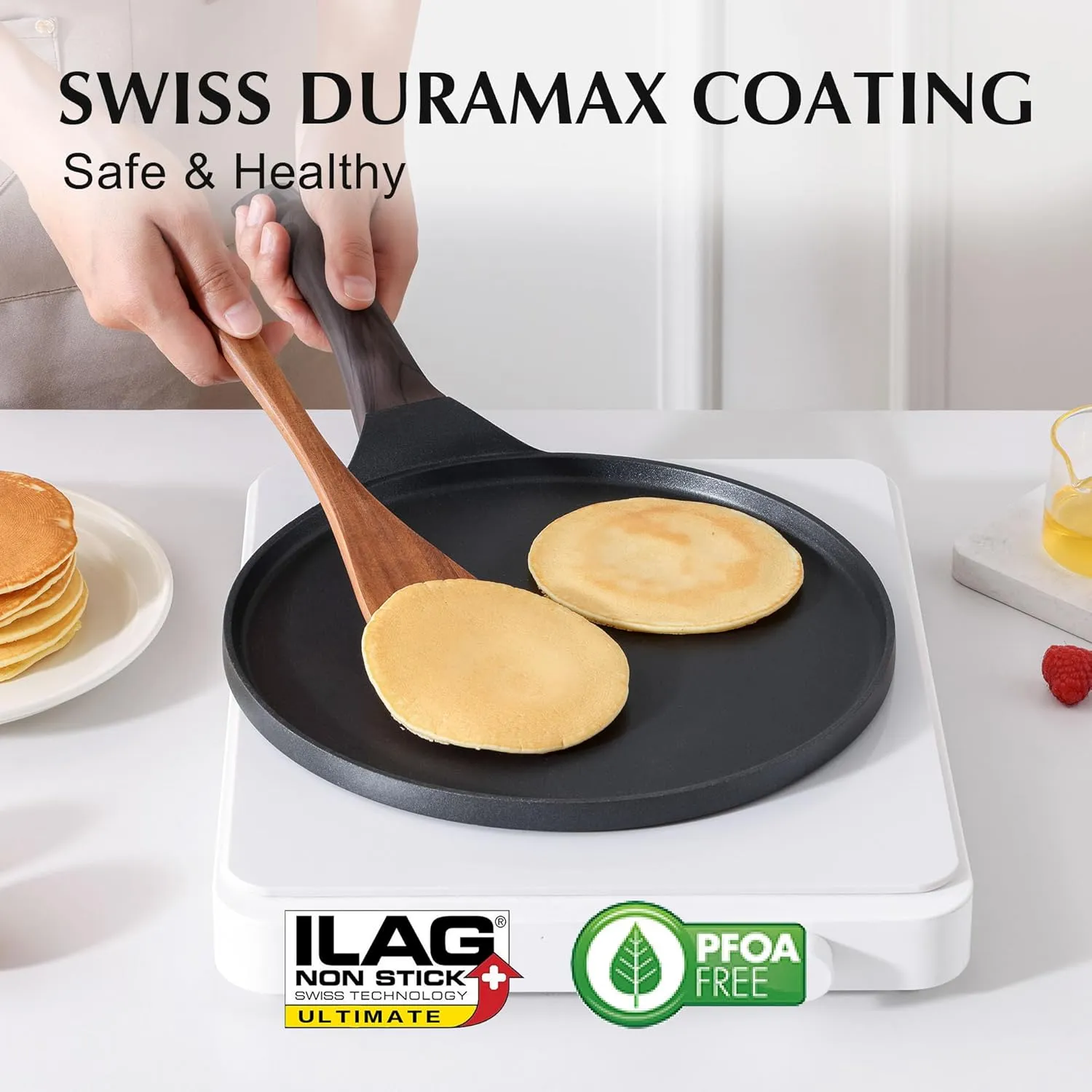 SENSARTE Nonstick Crepe Pan, Swiss Granite Coating Dosa Pan Pancake Flat Skillet Tawa Griddle 10-Inch with Stay-Cool Handle, Induction Compatible, PFOA Free (Black)