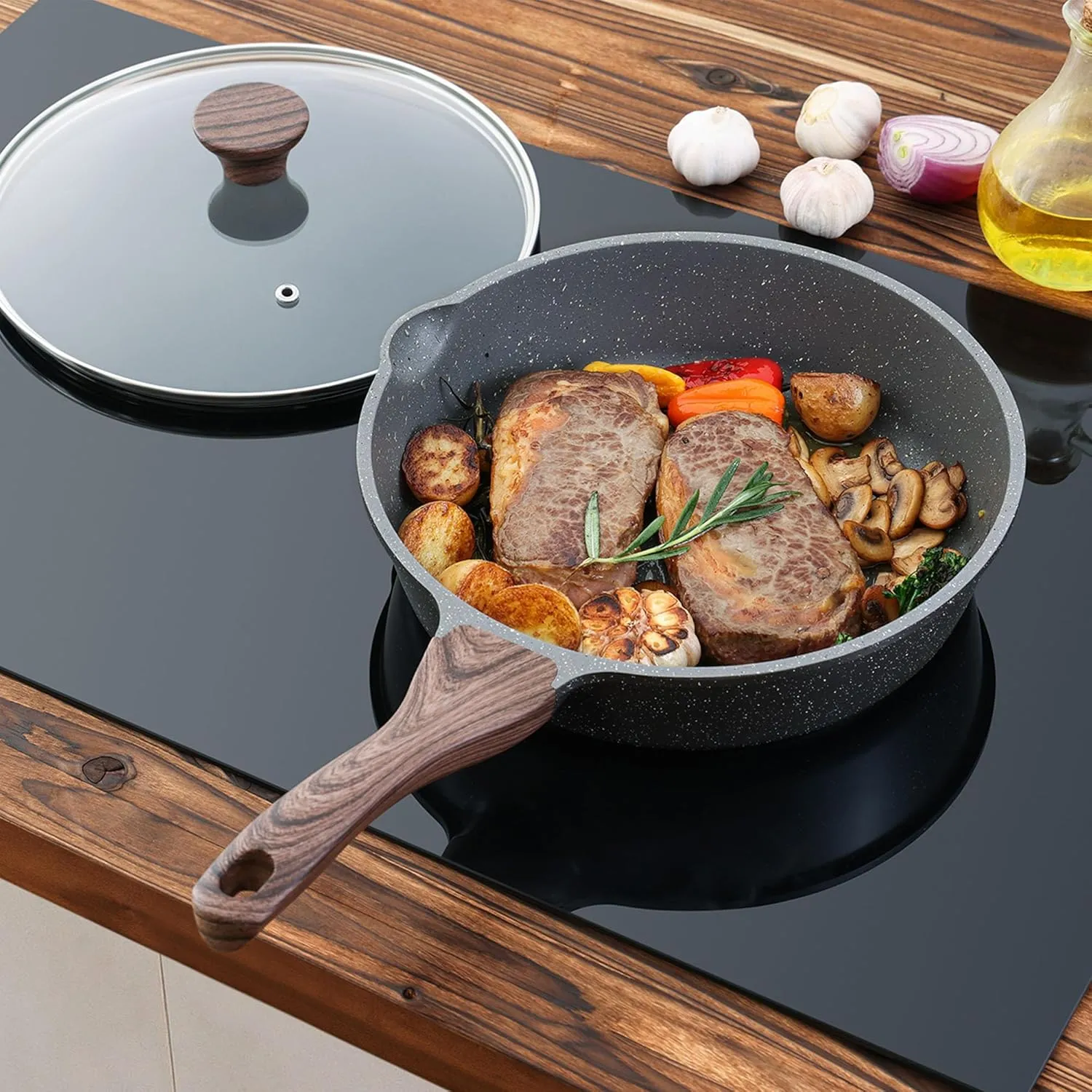 SENSARTE Nonstick Skillet, Deep Frying Pan 10/11/12-inch, Saute Pan with Lid, Stay-cool Handle, Healthy Stone Cookware Cooking Pan, Induction Compatible, PFOA Free (10-Inch/3.5QT)