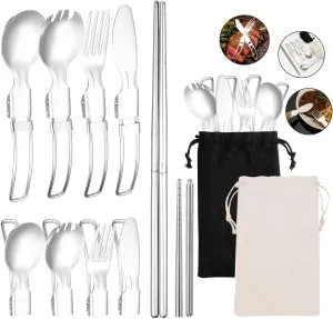 Silverware Flatware Cutlery Set, 4/16/24/32/40/48 Pcs 304 Stainless Steel Folding Cutlery Knife, Fork, Spoon, Chopsticks Outdoor Picnic Storage Set Portable Cutlery(Black,24 Piece set for 6)