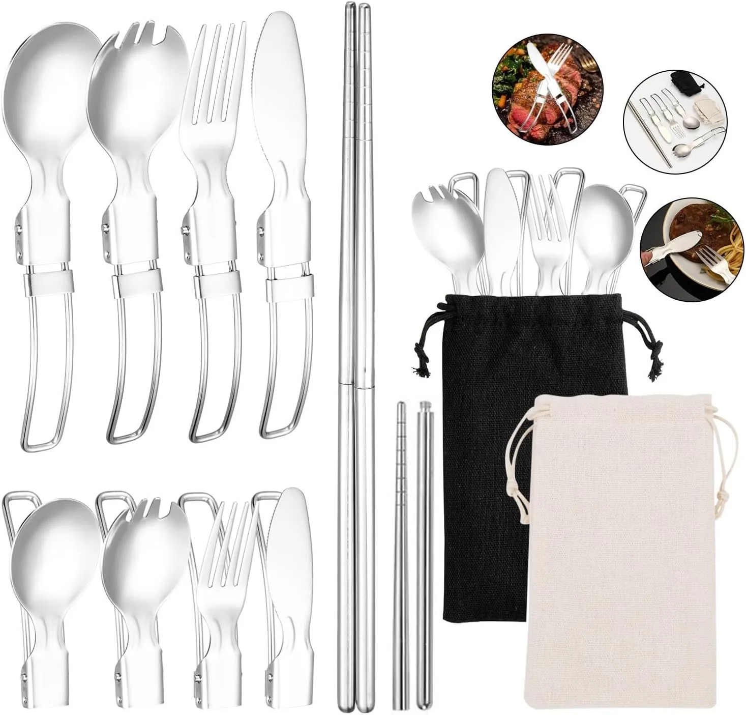 Silverware Flatware Cutlery Set, 4/16/24/32/40/48 Pcs 304 Stainless Steel Folding Cutlery Knife, Fork, Spoon, Chopsticks Outdoor Picnic Storage Set Portable Cutlery(Black,24 Piece set for 6)