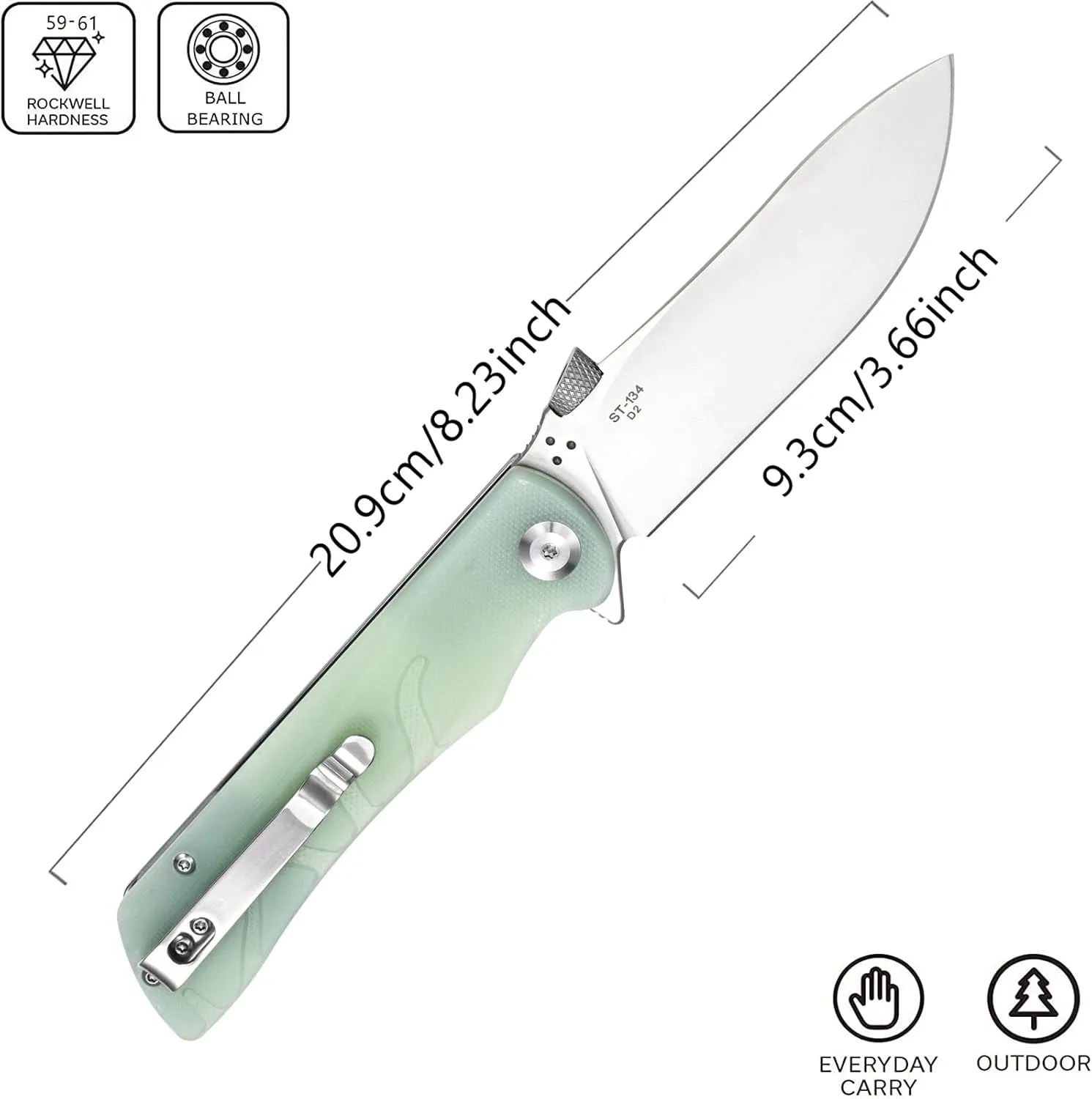 Sitivien ST134 Folding Knife,D2 Blade,G10 Handle with Unique Thumb Stud Opener for Outdoor EDC Camping(Jade)