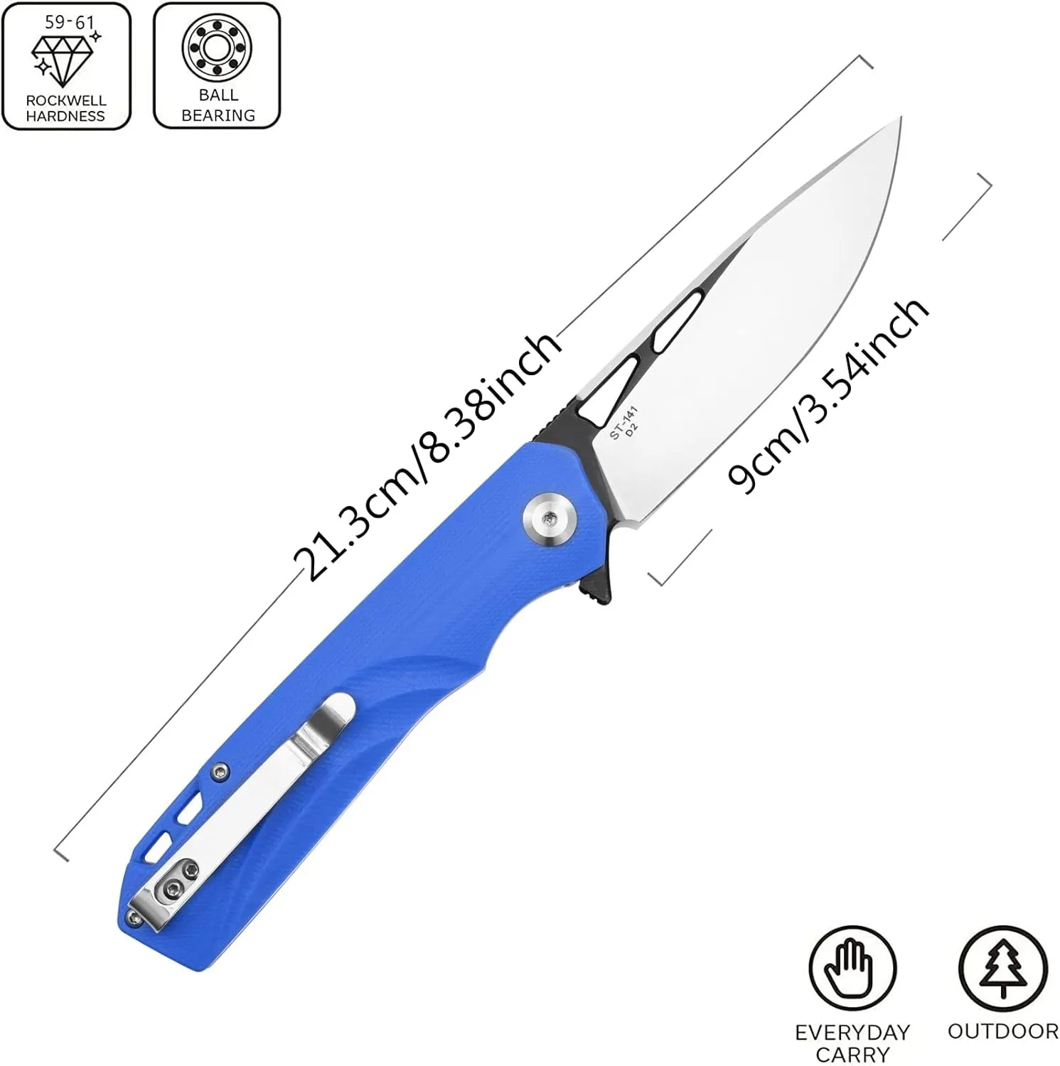 Sitivien ST141 Folding Knife,D2 Steel Blade G10 Handle Pocket Knife EDC Tool Knife for Survival, Hiking, Camping, Fishing(Blue)
