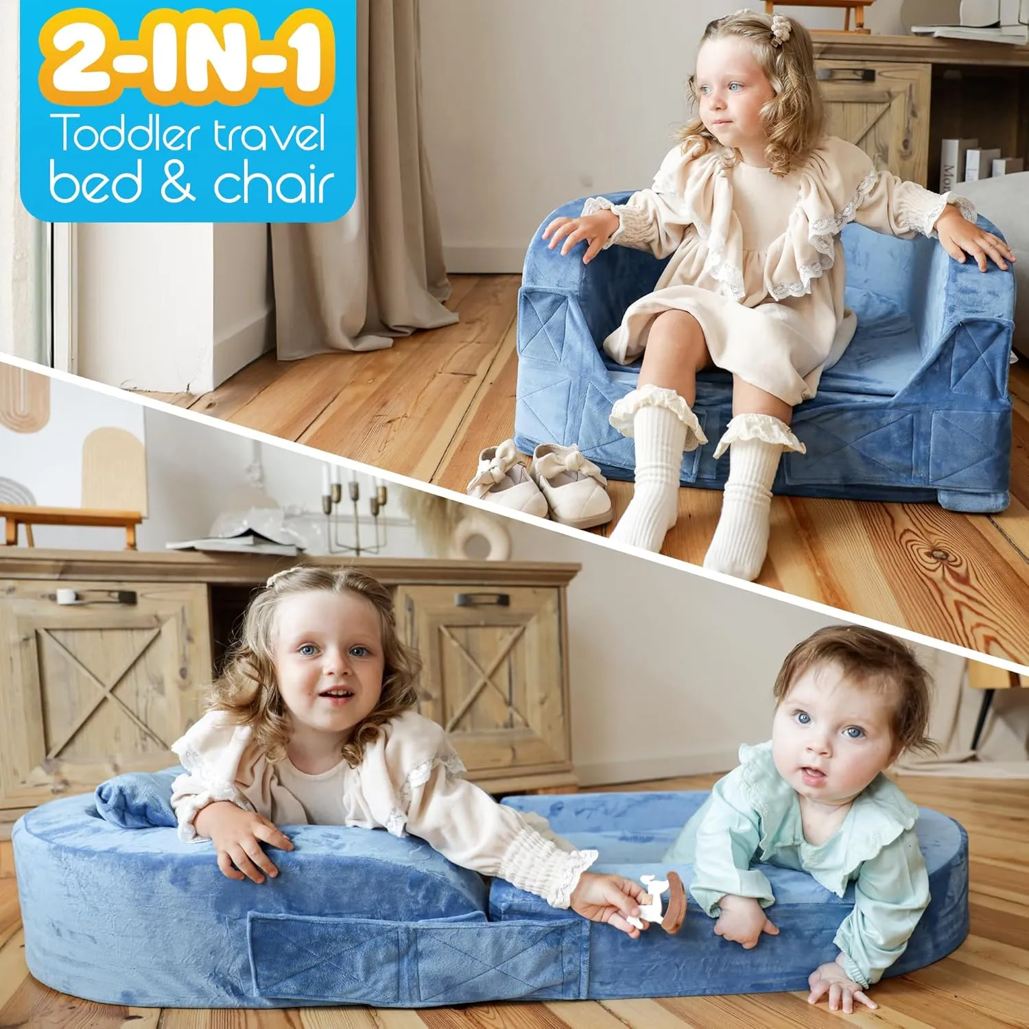 Sleepah Toddler Travel Bed & Chair – Foam Raised Safety Bumpers (55" x 26" x 8") – Foldable Portable Cot for Children 18M – 6yr Old - Fold Out Sofa Couch Lounger with Sheet Pillow & Case (Blue)