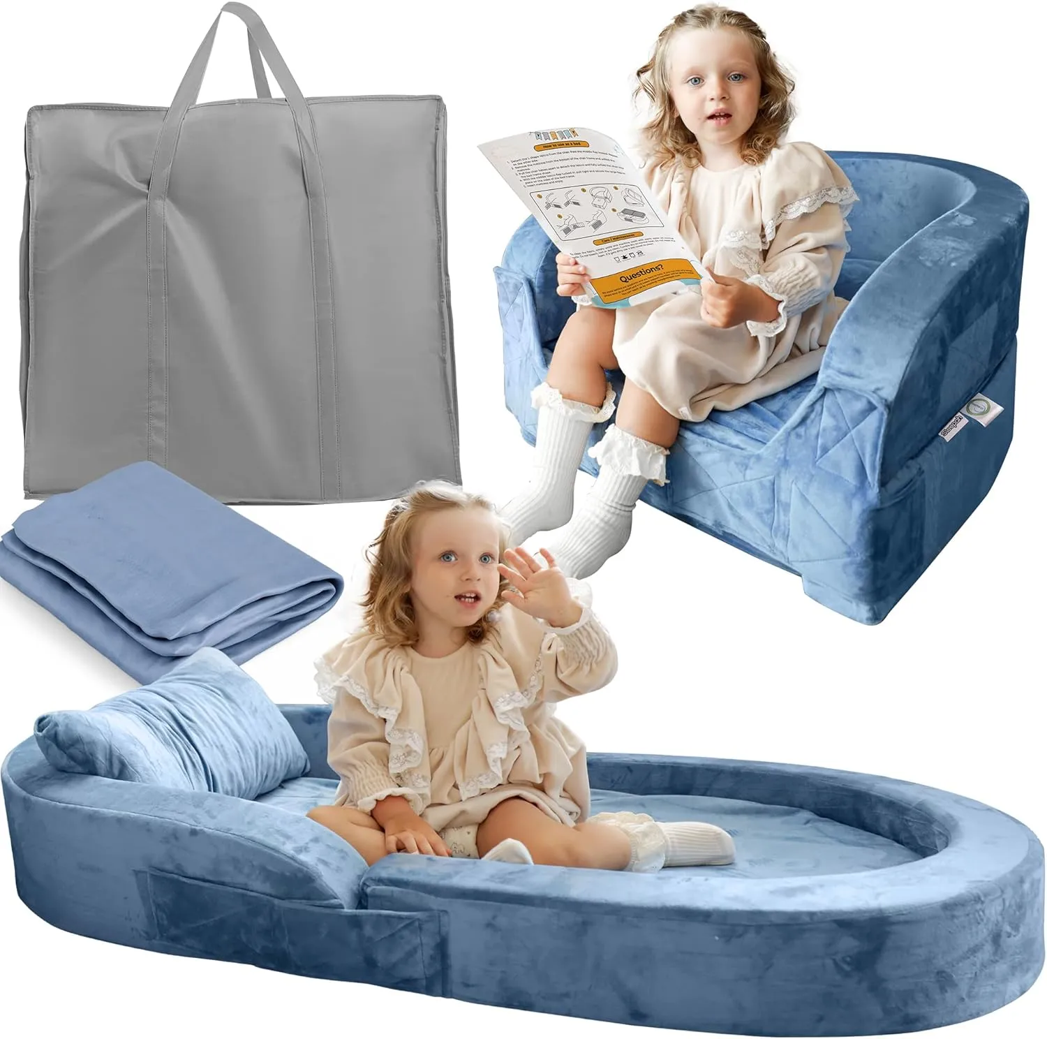 Sleepah Toddler Travel Bed & Chair – Foam Raised Safety Bumpers (55" x 26" x 8") – Foldable Portable Cot for Children 18M – 6yr Old - Fold Out Sofa Couch Lounger with Sheet Pillow & Case (Blue)