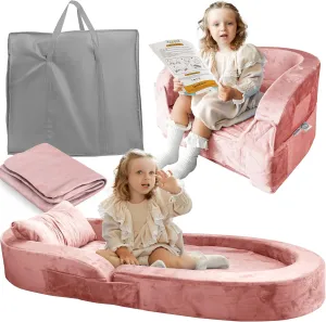 Sleepah Toddler Travel Bed & Chair – Foam Raised Safety Bumpers (55" x 26" x 8") – Foldable Portable Cot for Children 18M – 6yr Old - Fold Out Sofa Couch Lounger with Sheet Pillow & Case (Pink)