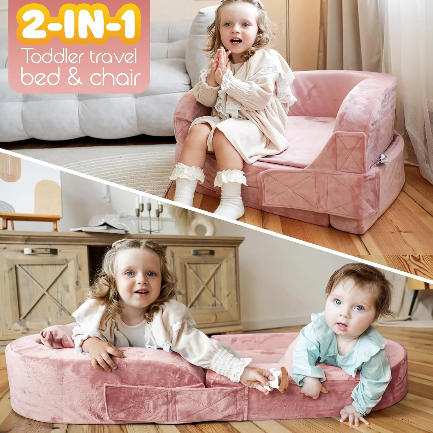 Sleepah Toddler Travel Bed & Chair – Foam Raised Safety Bumpers (55" x 26" x 8") – Foldable Portable Cot for Children 18M – 6yr Old - Fold Out Sofa Couch Lounger with Sheet Pillow & Case (Pink)