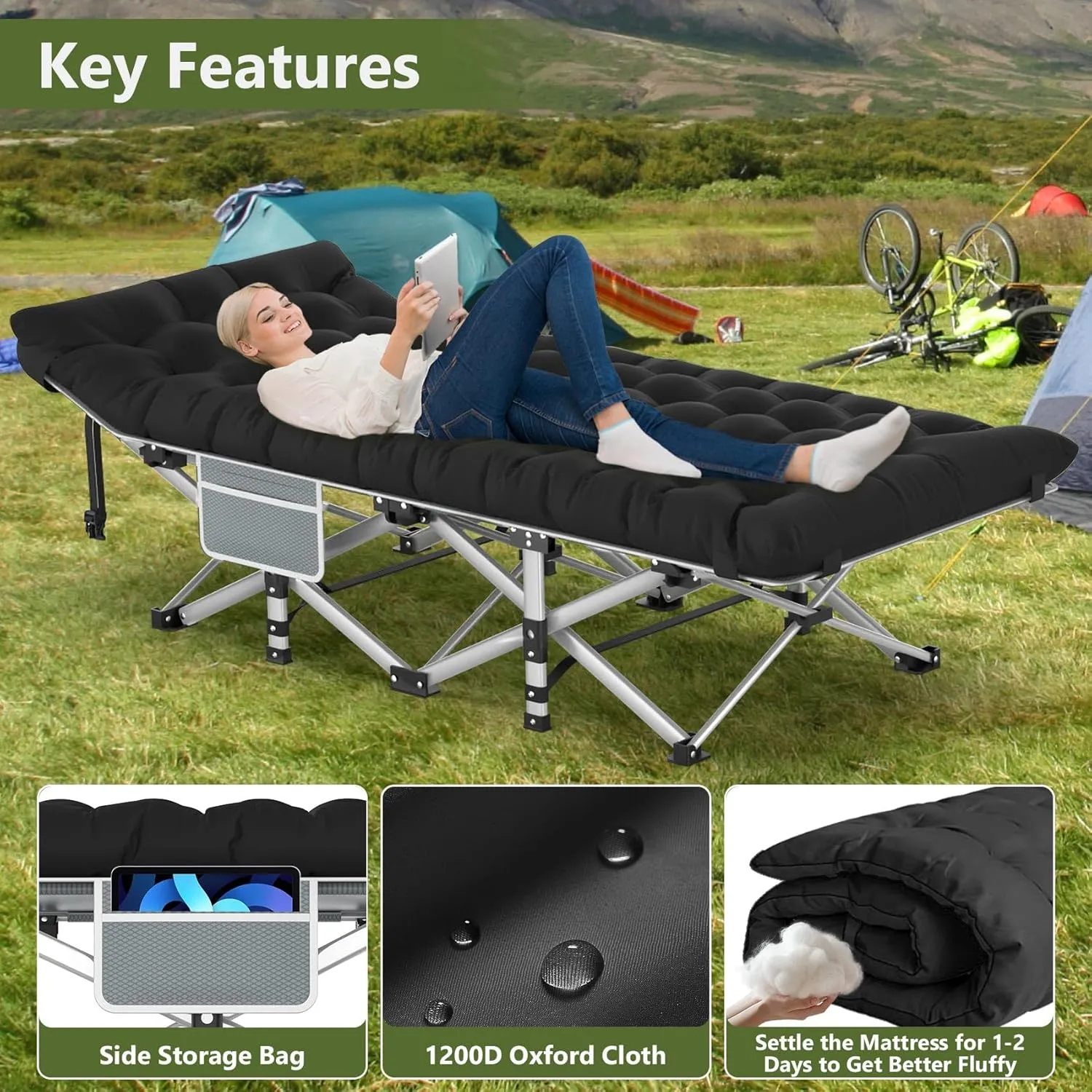 Slendor Folding Camping Cot Black, Sleeping Cot for Adults with Carry Bag, Mattress, 1200D Layer Oxford Portable Camp Bed Cot Bed for Guest Travel Office Beach