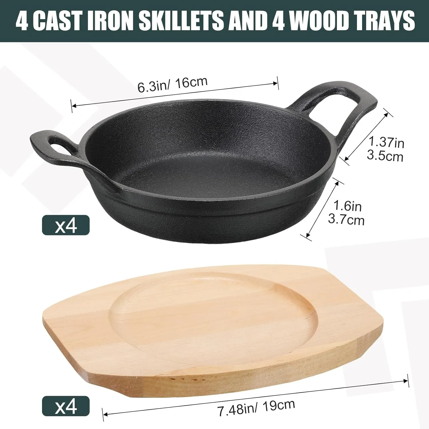 Sliner 4 Sets Mini Cast Iron Skillet Small Cast Iron Plates Skillet with Wooden Base Small Round Pan Fajita Plate Pot for Baking Cooking(6.3 Inches)