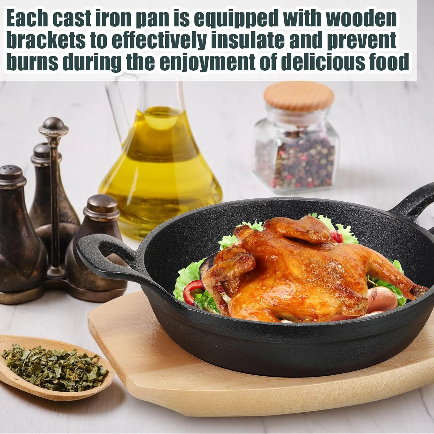 Sliner 4 Sets Mini Cast Iron Skillet Small Cast Iron Plates Skillet with Wooden Base Small Round Pan Fajita Plate Pot for Baking Cooking(6.3 Inches)