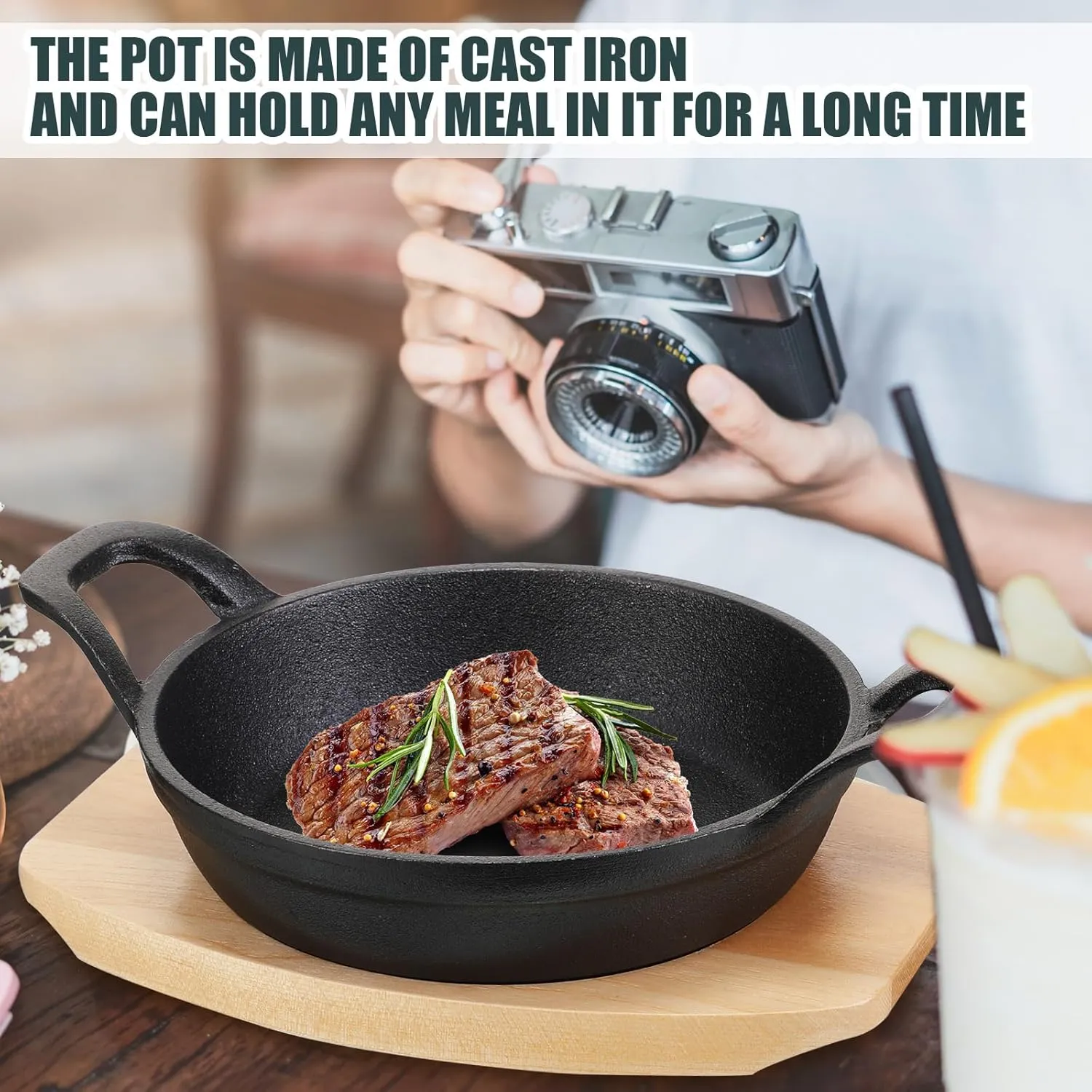Sliner 4 Sets Mini Cast Iron Skillet Small Cast Iron Plates Skillet with Wooden Base Small Round Pan Fajita Plate Pot for Baking Cooking(6.3 Inches)