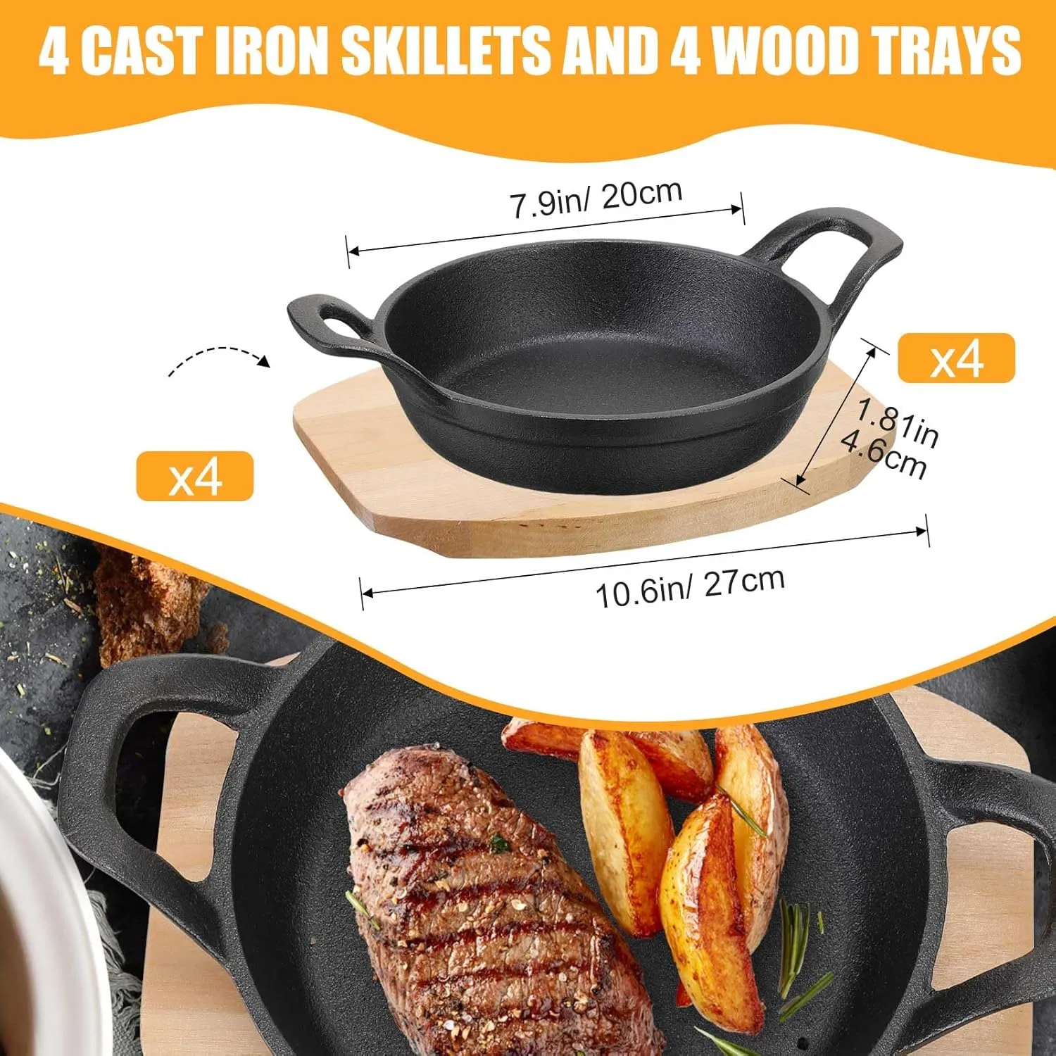 Sliner 4 Sets Mini Cast Iron Skillet Small Cast Iron Plates Skillet with Wooden Base Small Round Pan Fajita Plate Pot for Baking Cooking(7.9 Inches)