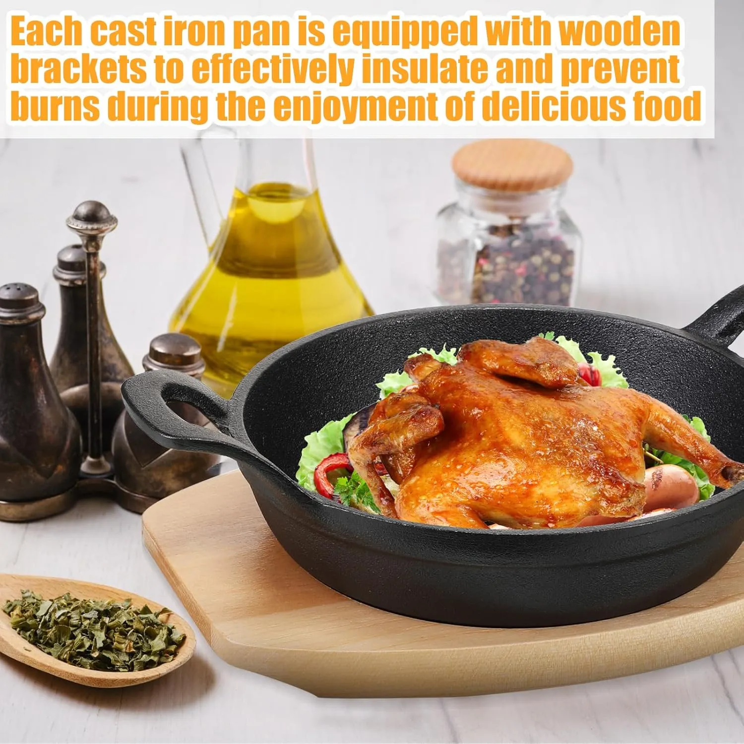 Sliner 4 Sets Mini Cast Iron Skillet Small Cast Iron Plates Skillet with Wooden Base Small Round Pan Fajita Plate Pot for Baking Cooking(7.9 Inches)