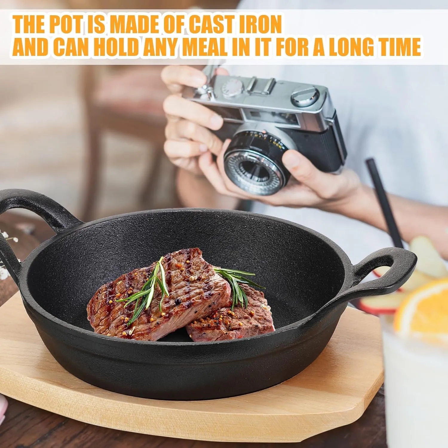 Sliner 4 Sets Mini Cast Iron Skillet Small Cast Iron Plates Skillet with Wooden Base Small Round Pan Fajita Plate Pot for Baking Cooking(7.9 Inches)