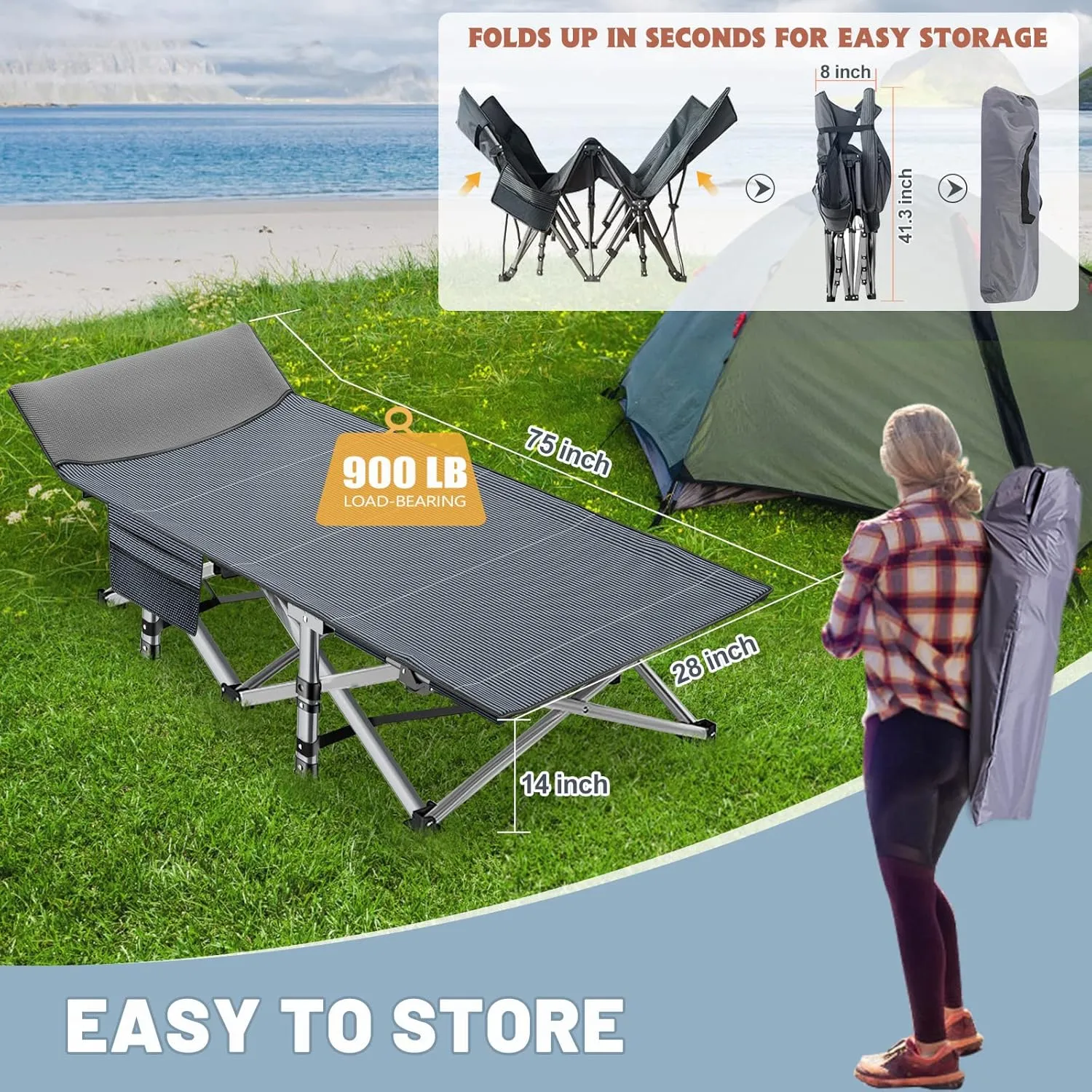 Slsy Folding Camping Cot for Adults with Mattress, Portable Sleeping Cots, Camp Bed with Carry Bag for Outdoor Travel, Beach, Hiking
