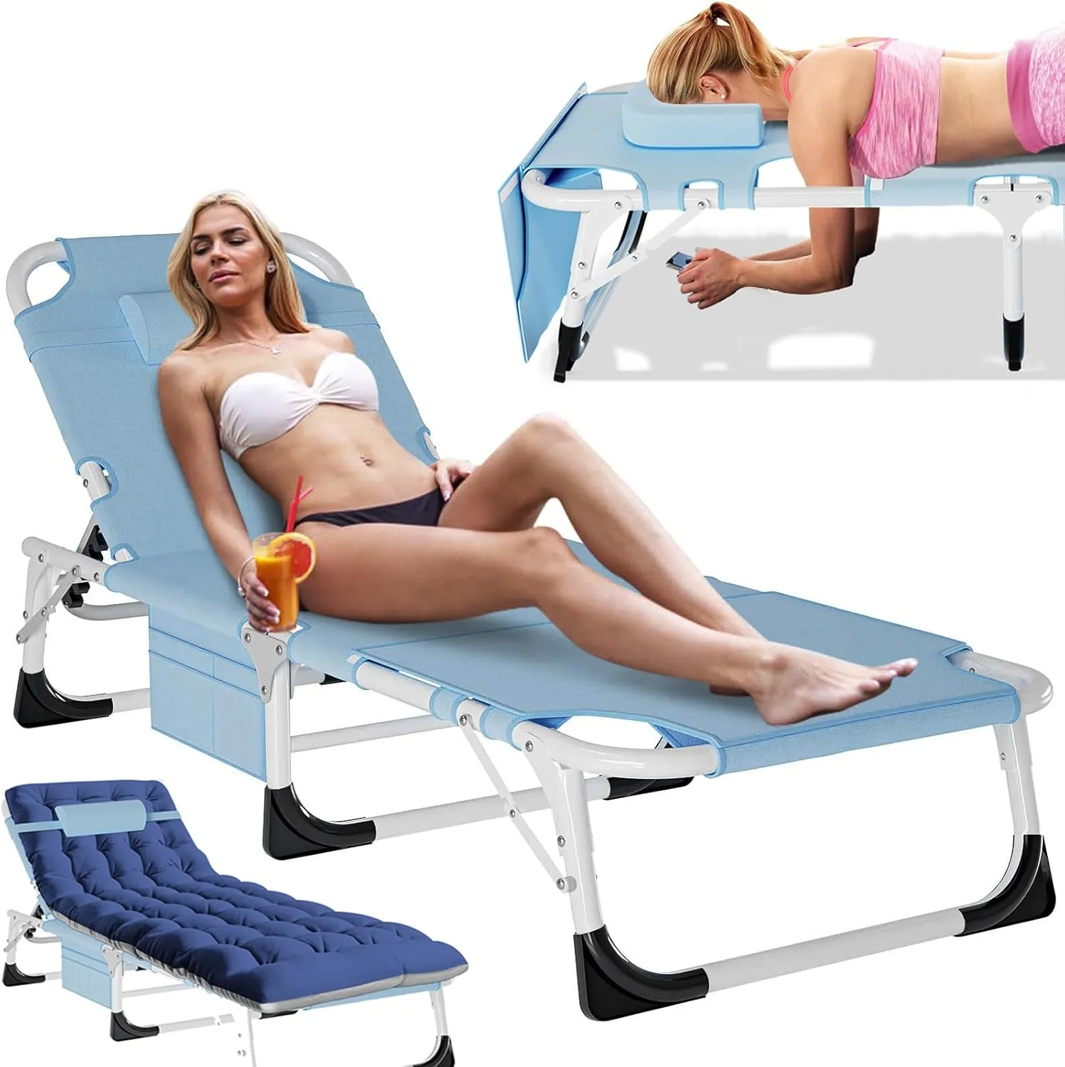 Slsy Folding Lounge Chairs Outdoor, Adjustable Sleeping Cot Chair, Portable Folding Bed Cot Chaise Lounge Chairs for Outside Beach Lawn Camping Pool Sun Tanning