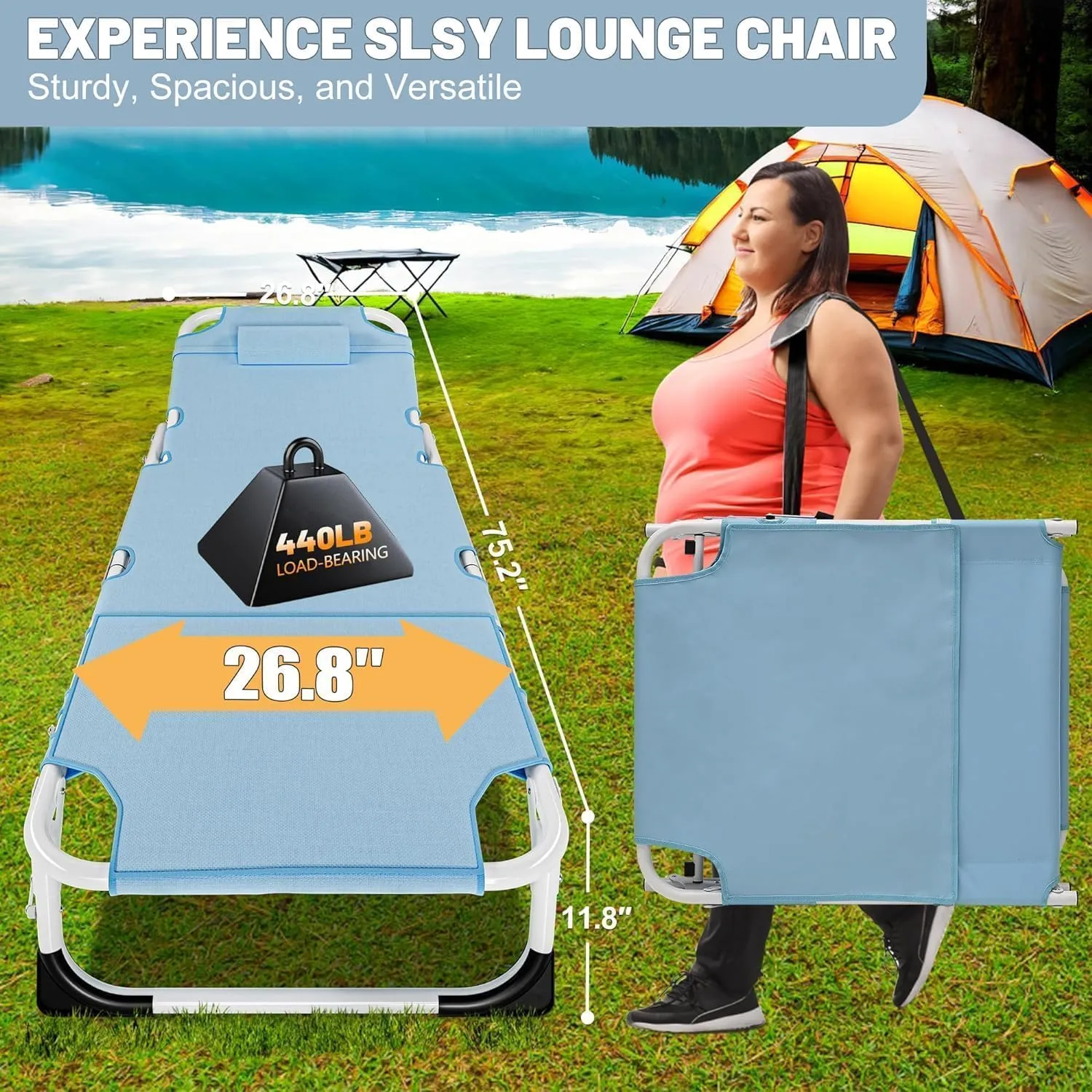 Slsy Folding Lounge Chairs Outdoor, Adjustable Sleeping Cot Chair, Portable Folding Bed Cot Chaise Lounge Chairs for Outside Beach Lawn Camping Pool Sun Tanning