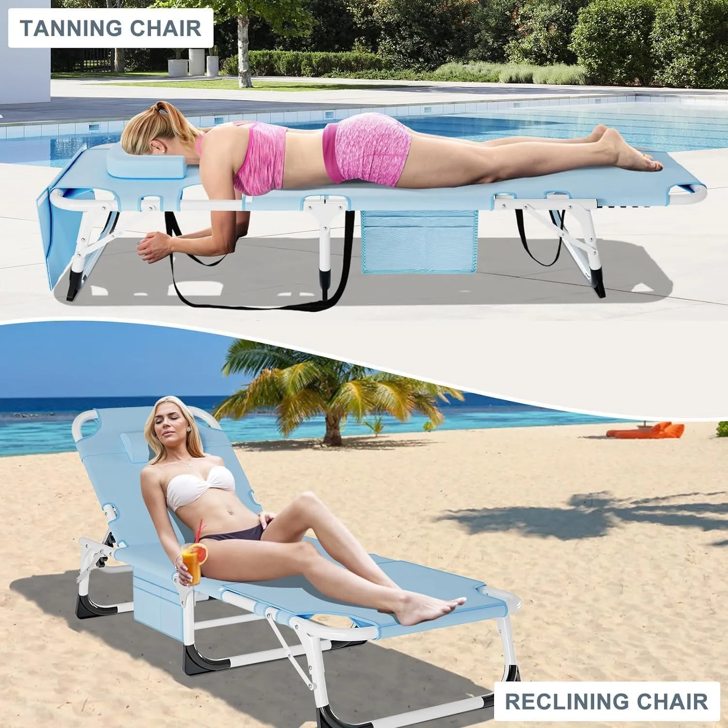 Slsy Folding Lounge Chairs Outdoor, Adjustable Sleeping Cot Chair, Portable Folding Bed Cot Chaise Lounge Chairs for Outside Beach Lawn Camping Pool Sun Tanning