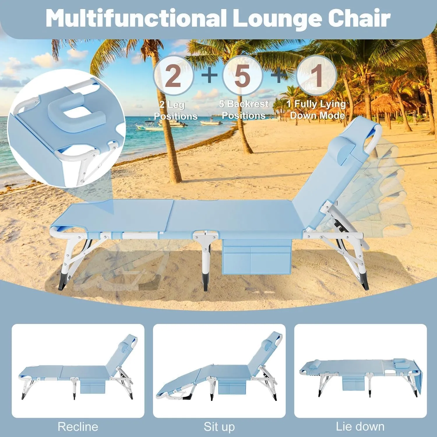 Slsy Folding Lounge Chairs Outdoor, Adjustable Sleeping Cot Chair, Portable Folding Bed Cot Chaise Lounge Chairs for Outside Beach Lawn Camping Pool Sun Tanning
